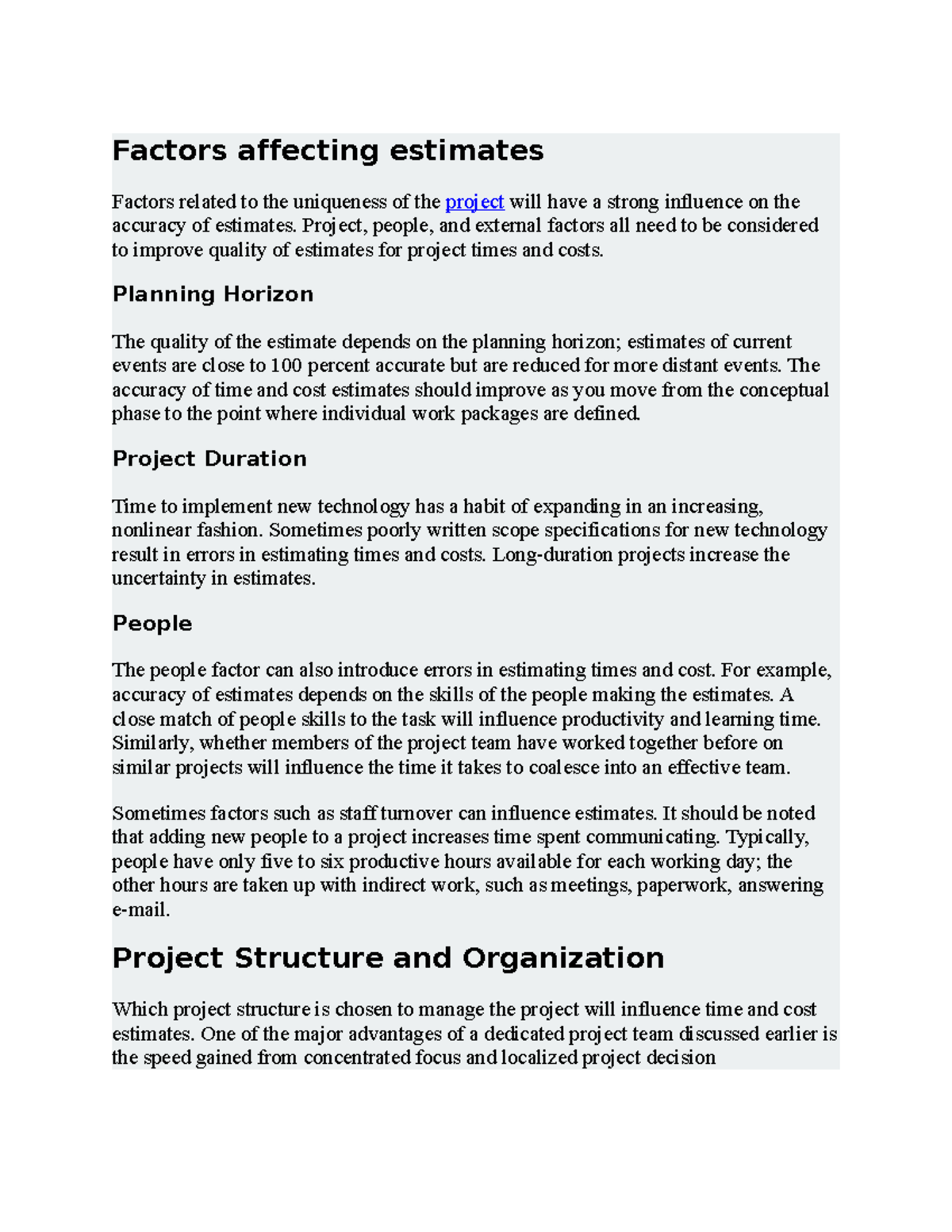 Factors Influencing the Quality of Estimates - Factors affecting 