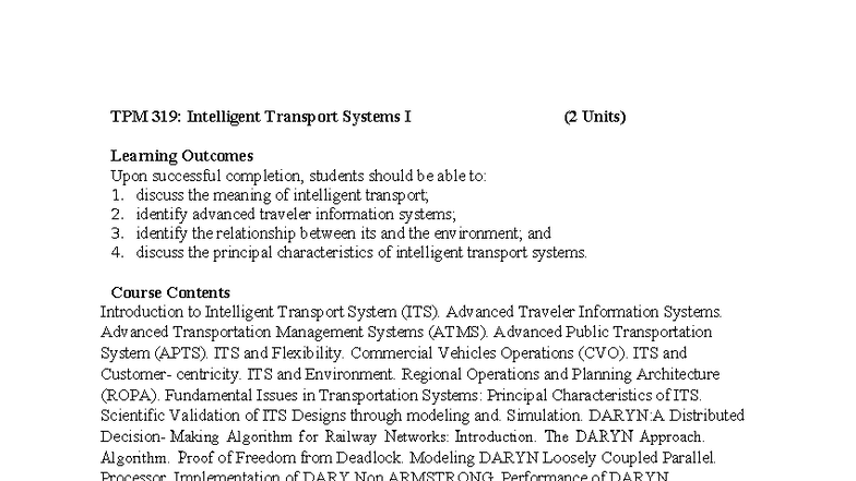 TPM 319: Intelligent Transport Systems I - Course Content Overview ...