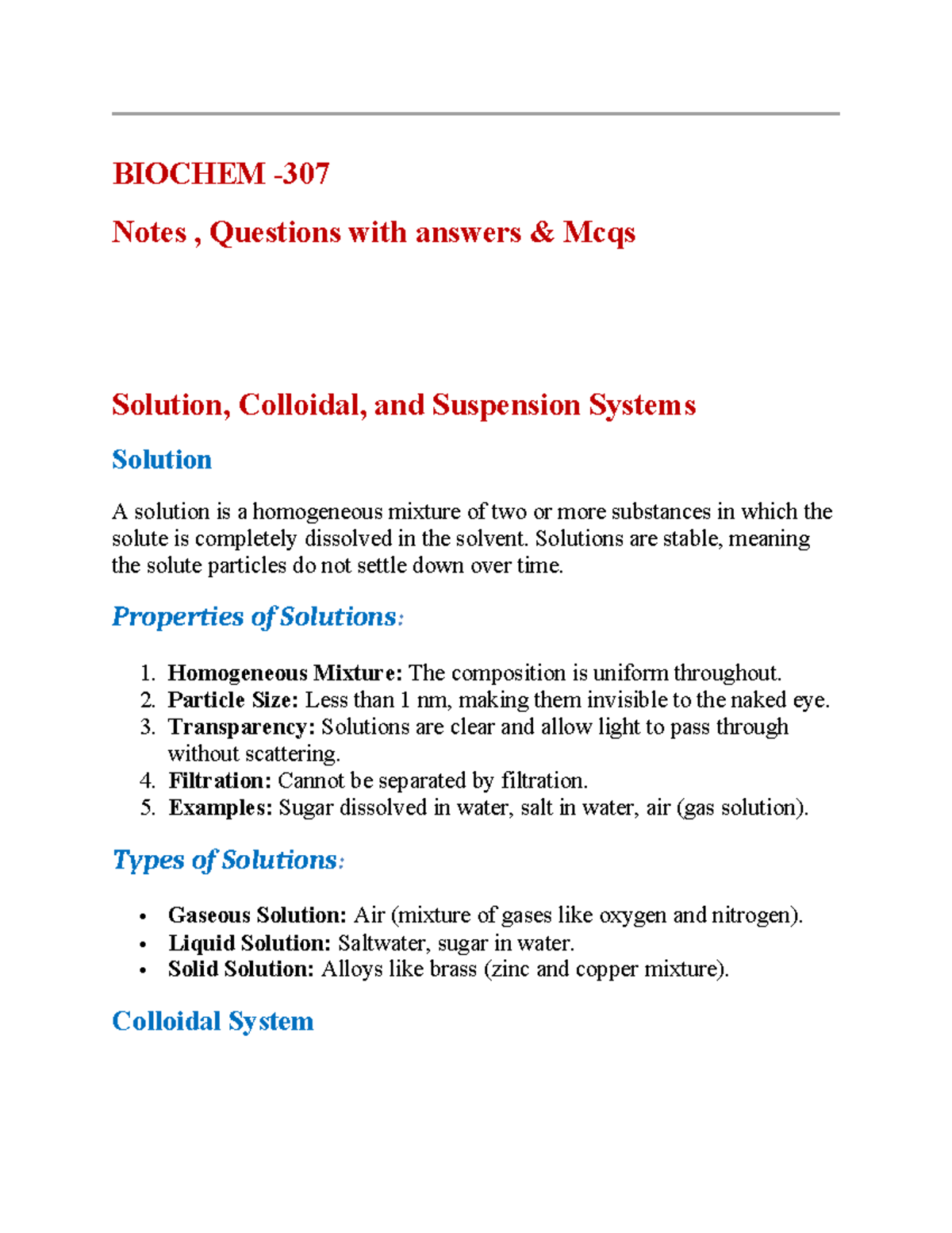 Biochem 307 - Notes on Solutions, Colloids, Suspensions & Buffers - Studocu