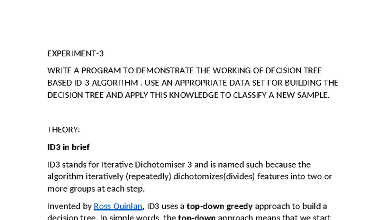 Experiment 3: Implementing ID3 Decision Tree Algorithm - Studocu