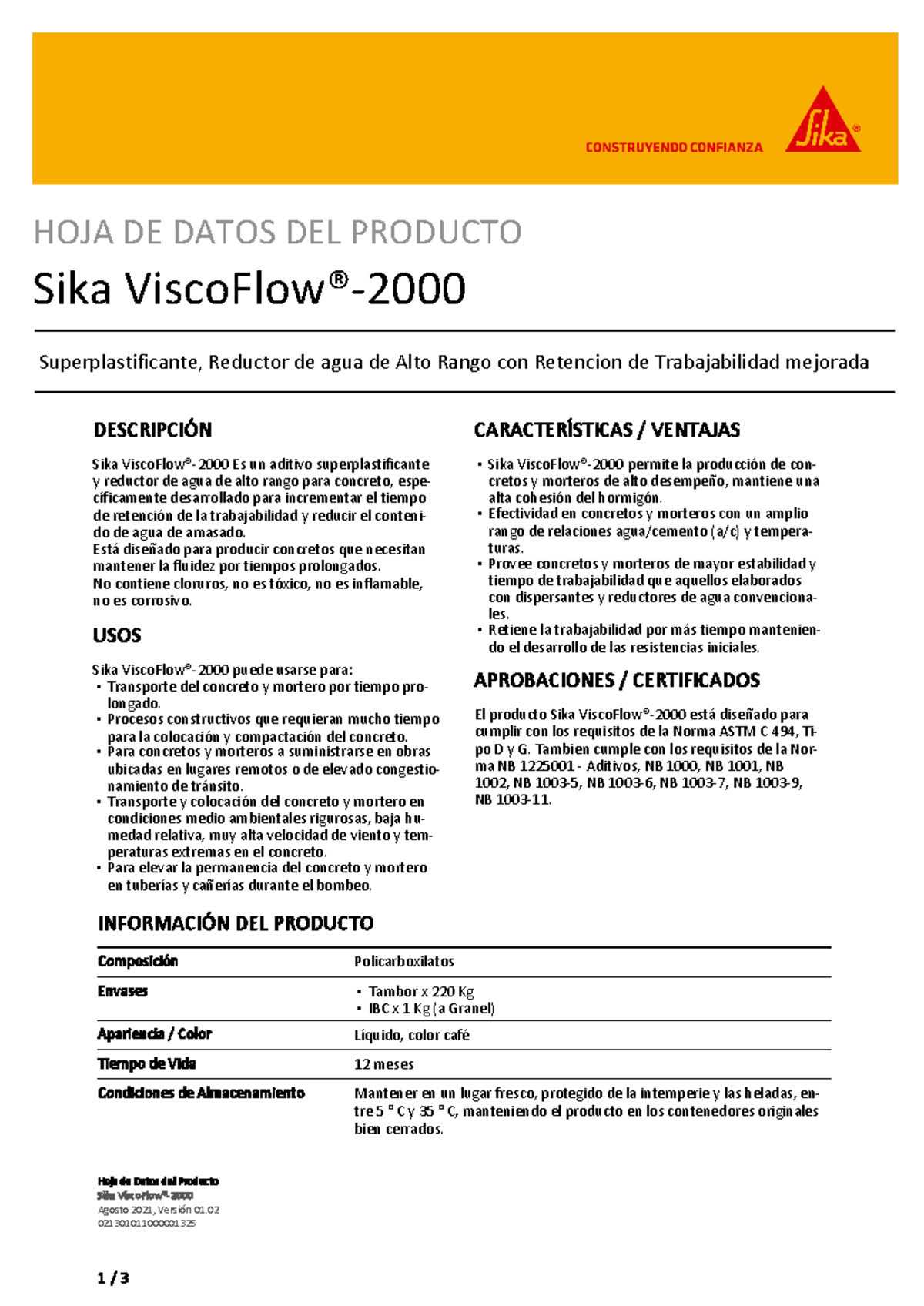 Hoja de Datos del Producto: Sika ViscoFlow®-2000 Superplastificante ...