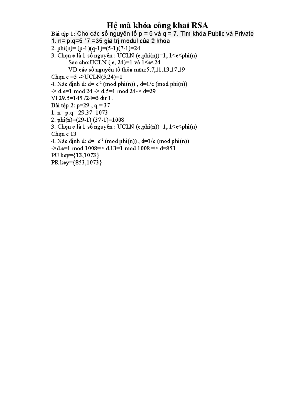 Bài Tập Hệ Mã Khóa Công Khai RSA - Quy Trình Tính Toán Khóa - Studocu