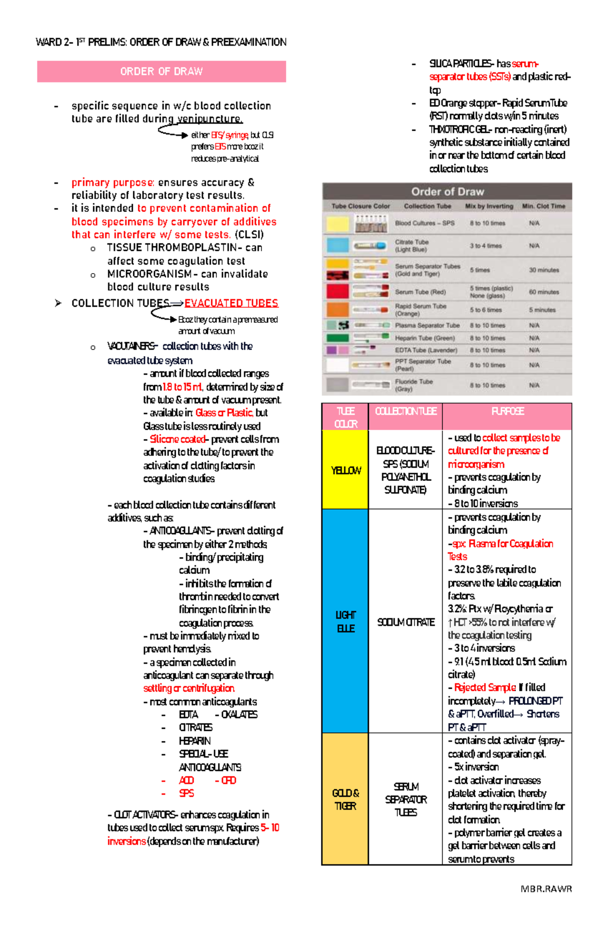 WARD 1ST PRELIMS: ORDER OF DRAW IN BLOOD COLLECTION TUBES - Studocu