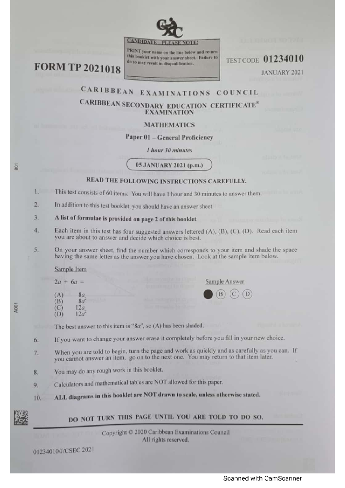Mathematics CSEC Exam Paper 01 - General Proficiency (Test Code ...