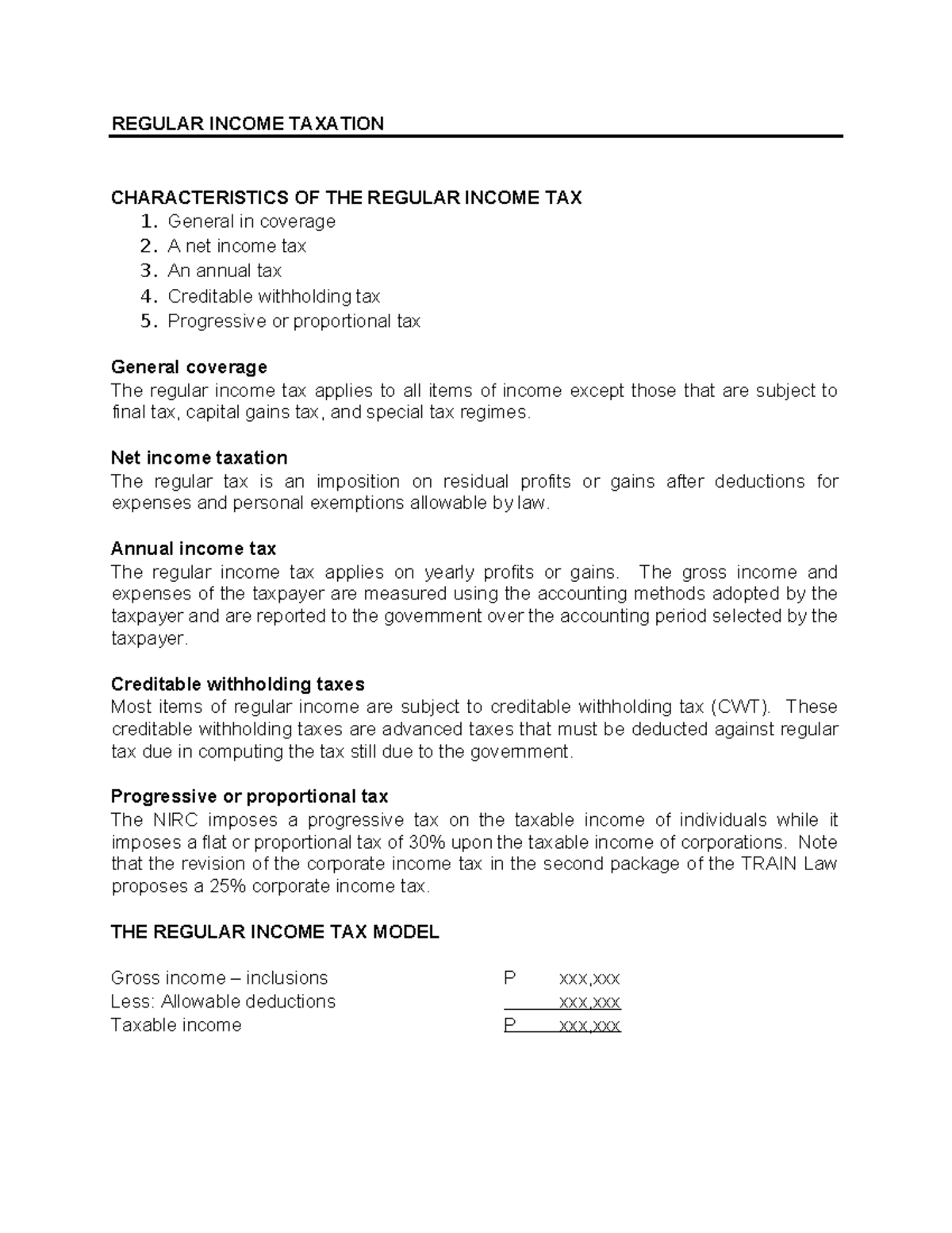 Introduction to REGULAR INCOME TAXATION (Course Code: TAX101) - Studocu