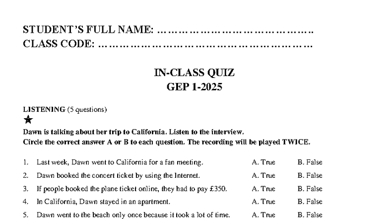 Quiz GEP Listening & Grammar Practice (5 Questions Each) - Studocu