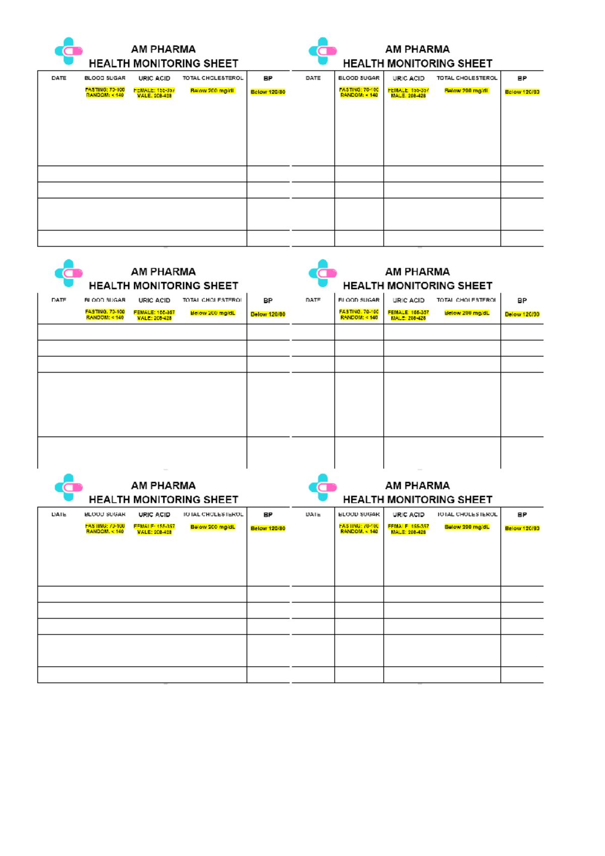 AM PHARMA Health Monitoring Sheet Template - Studocu