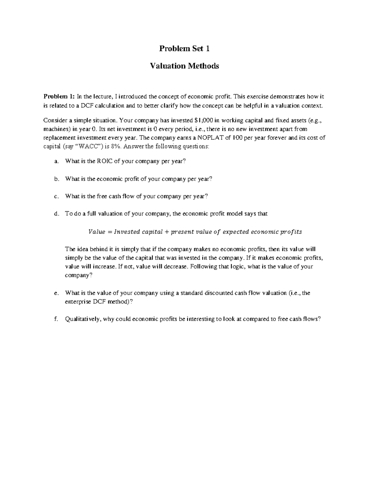 PS1: Valuation Methods & Economic Profit Analysis - Studocu