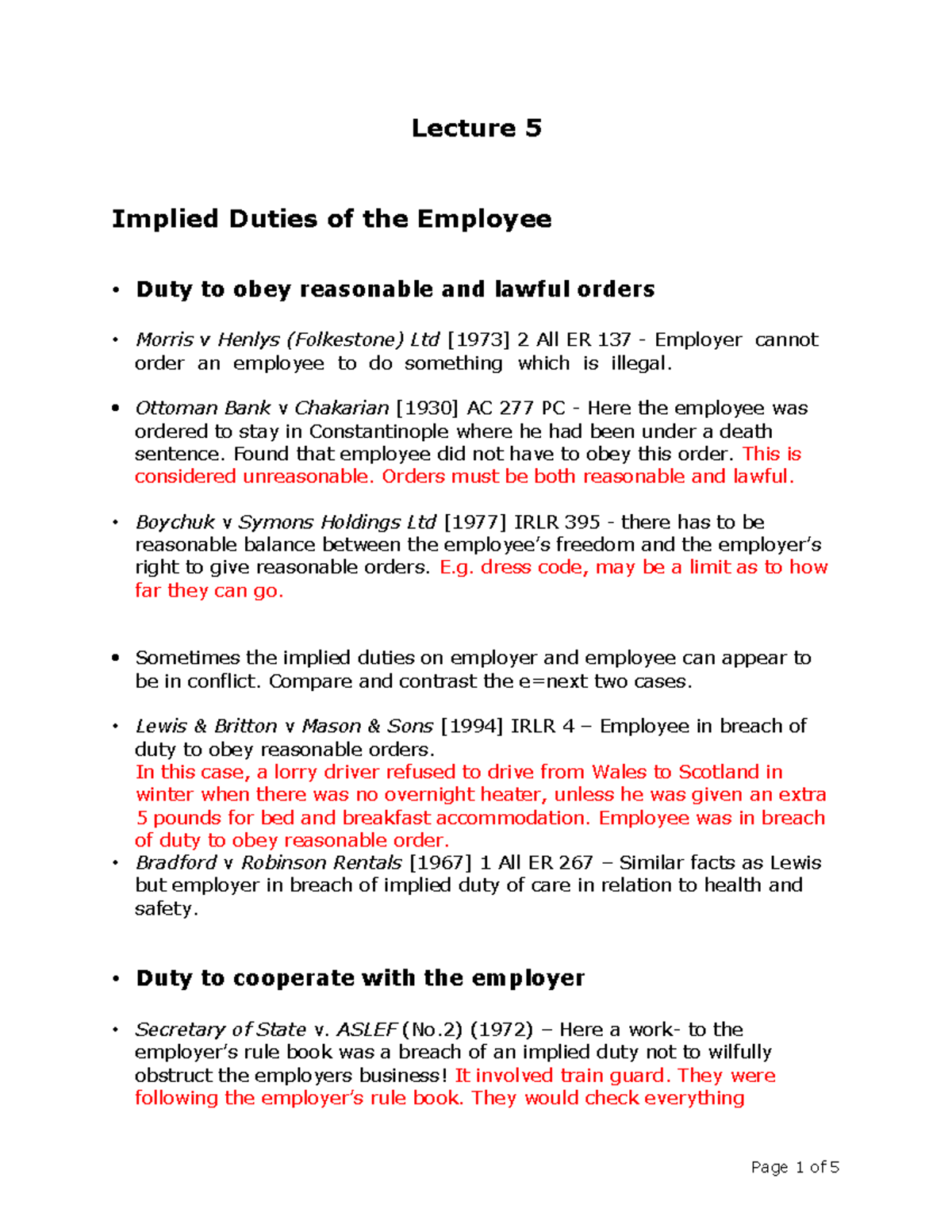 Lecture 5 - Implied Duties of Employees in Employment Law - Studocu
