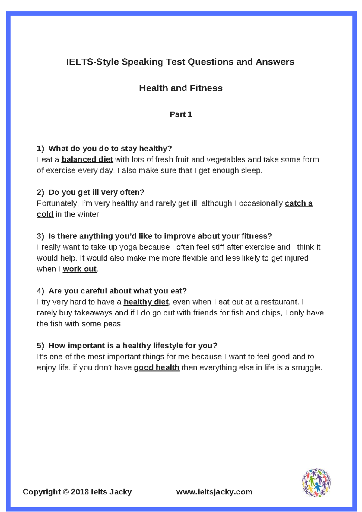 Health and Fitness Speaking Test Q&A - IELTS Preparation - Studocu