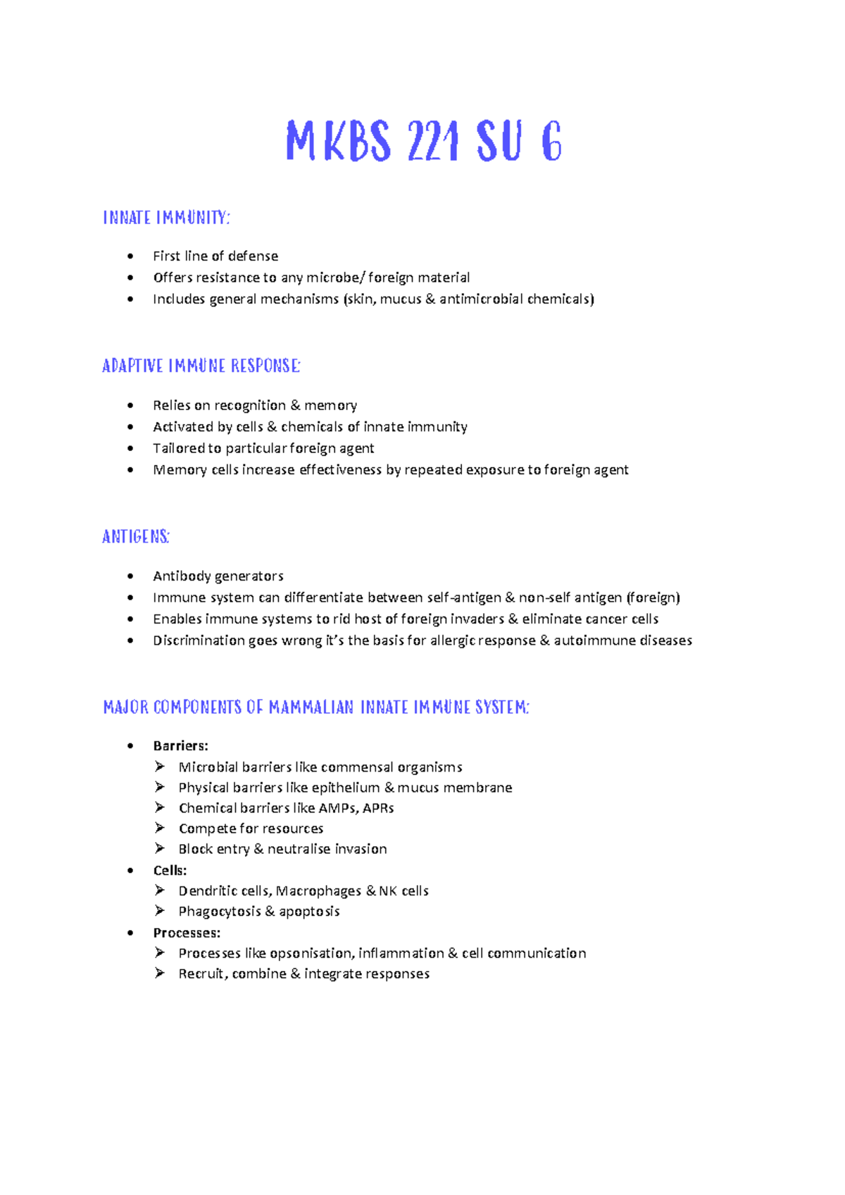 MKBS 221 SU 6 Notes - Overview of Innate and Adaptive Immunity - Studocu