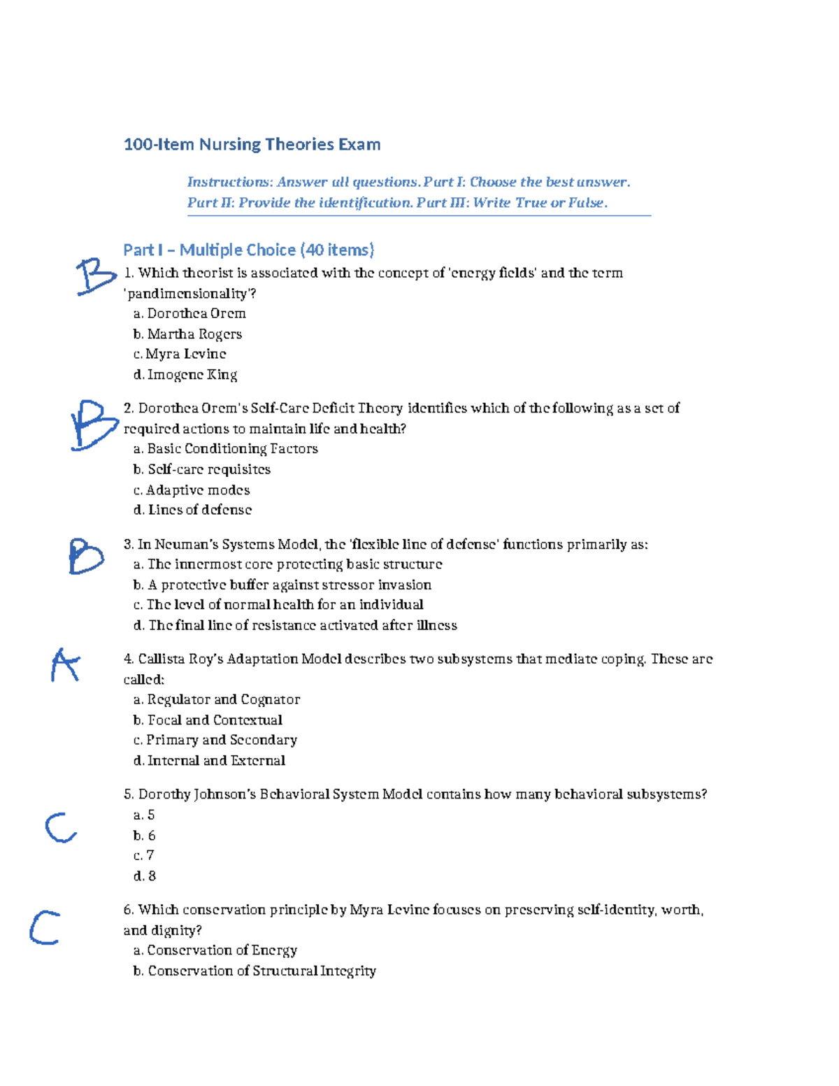 Nursing Theories Exam (NUR 101): 100 Item Test Review - Studocu