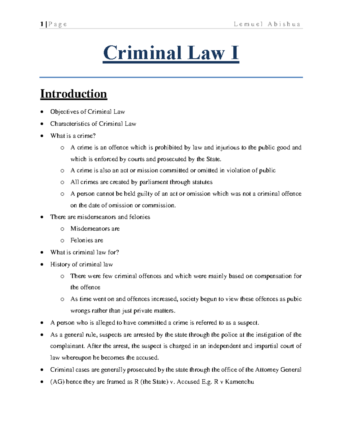 Criminal LAW 1: Intro to Criminal Offences and Legal Principles - Studocu