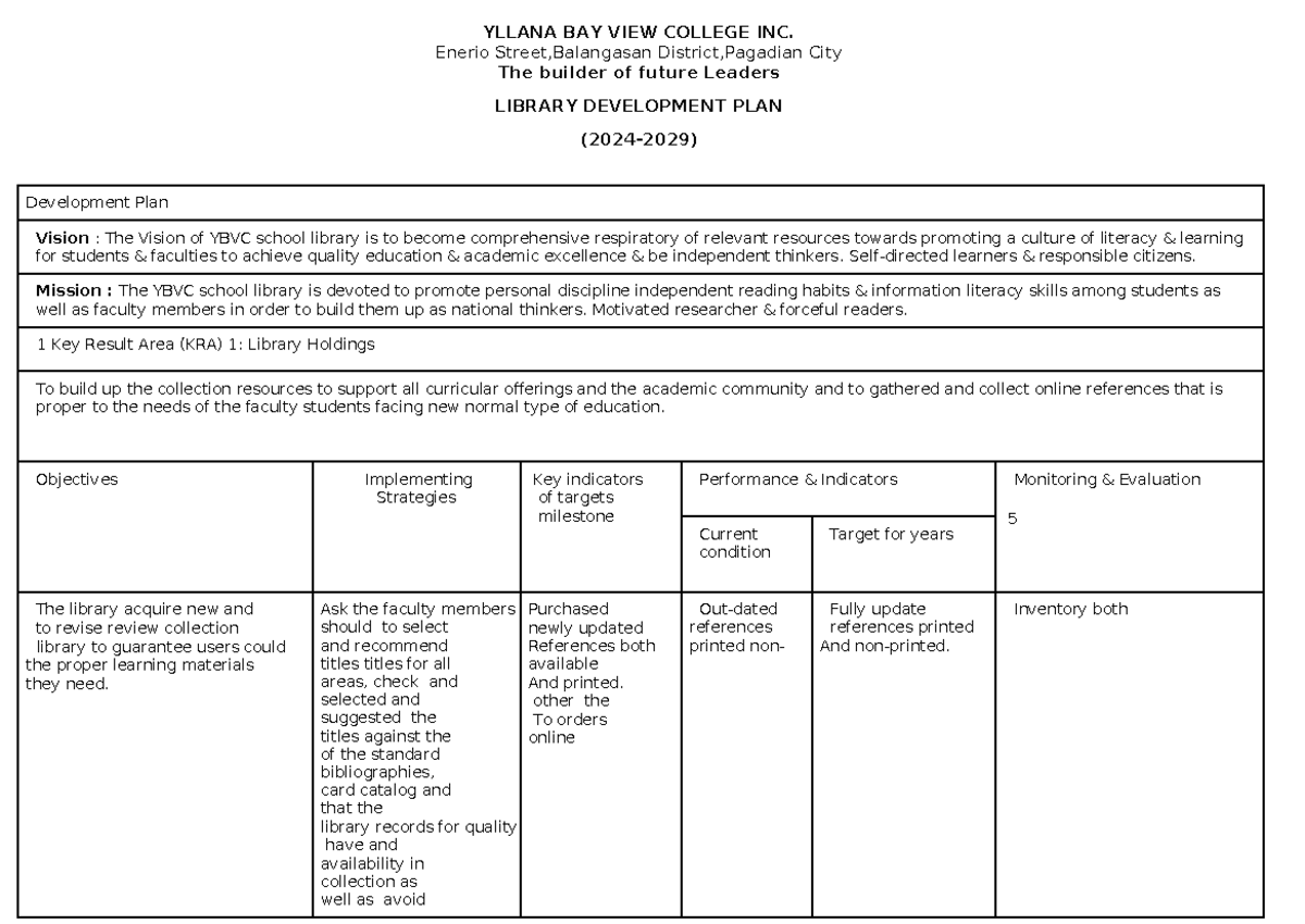 YBVC Library Development Plan (2024-2029): Vision & Mission Overview ...