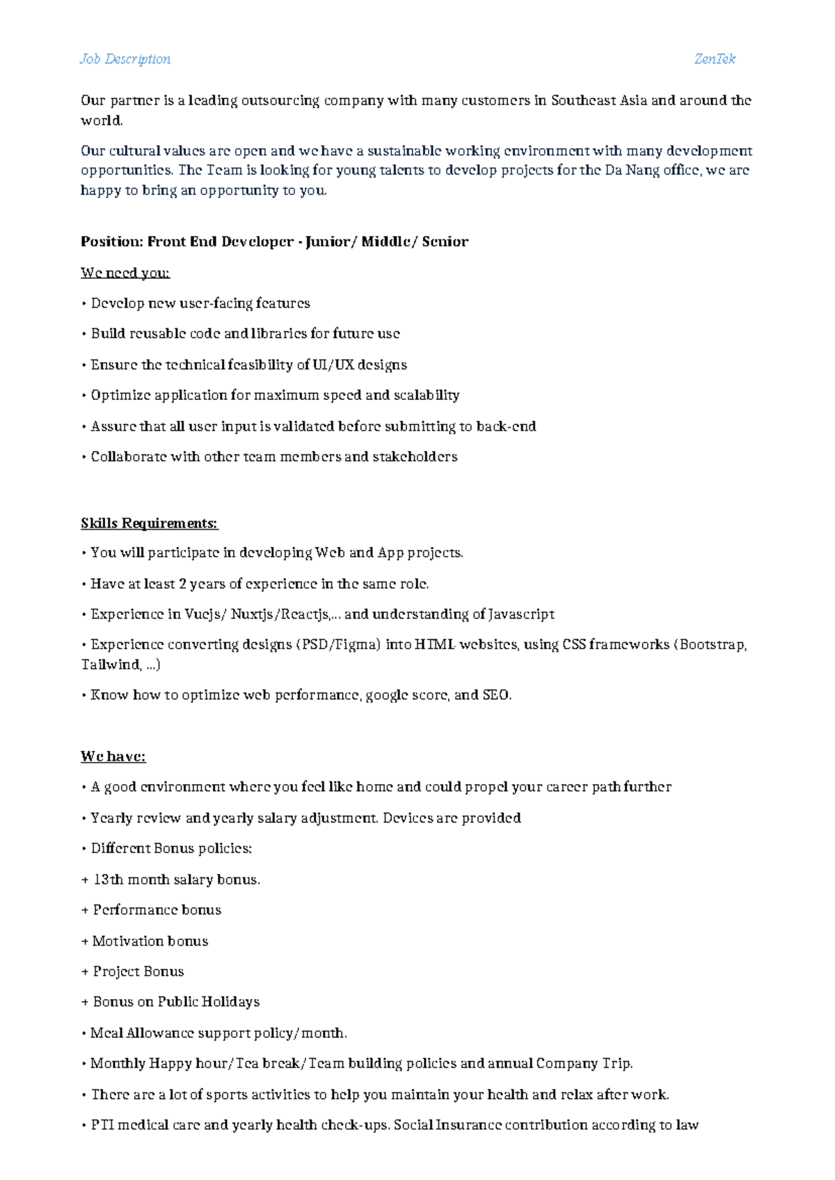 JD FE - Interview for Front End Developer Position at ZenTek - Studocu