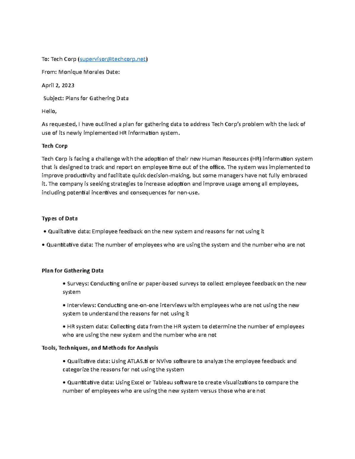 Module 4: Data Gathering Plan for Tech Corp HR System Adoption - Studocu