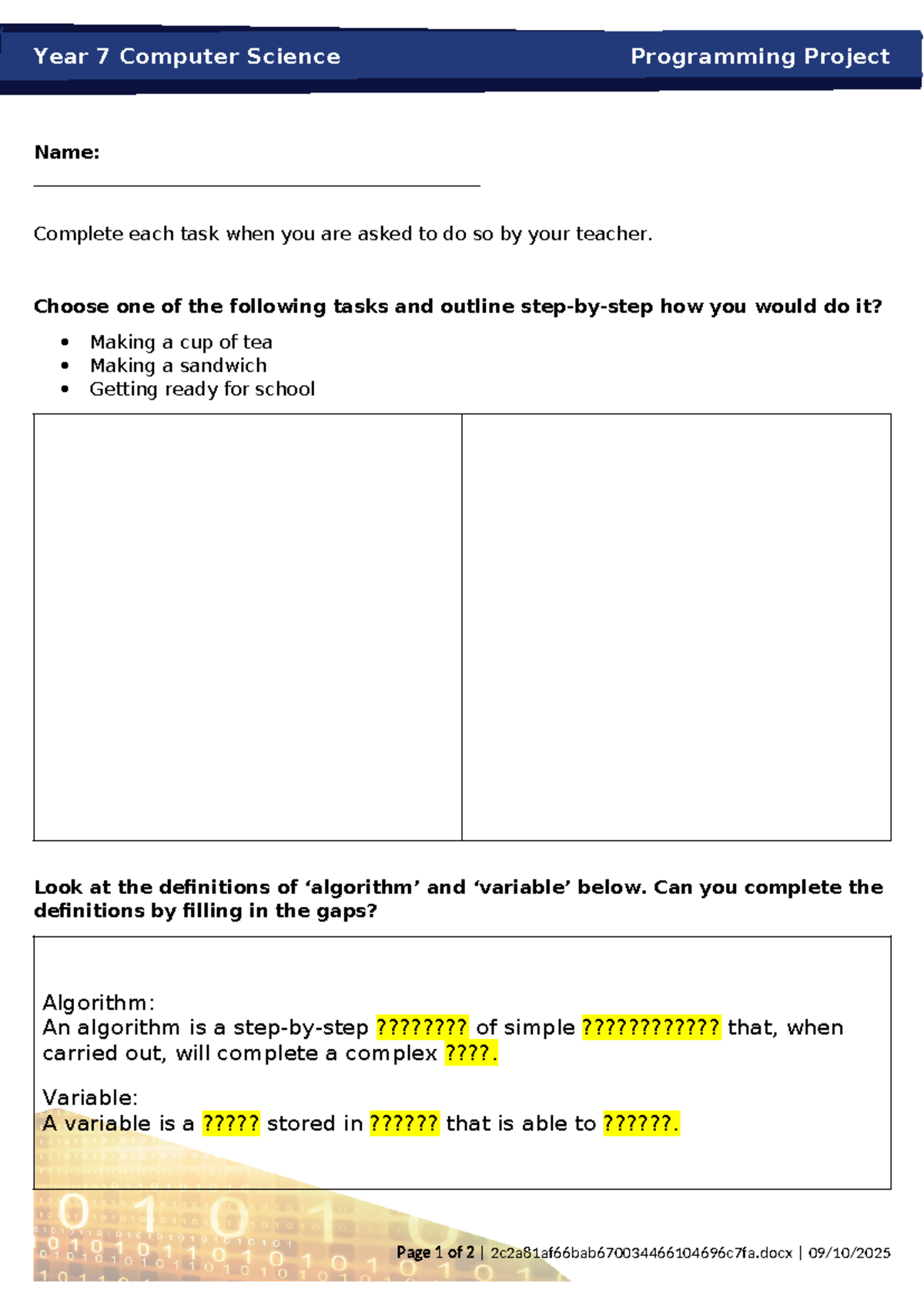 Year 7 CS Programming Project: Task Completion Guide - Studocu