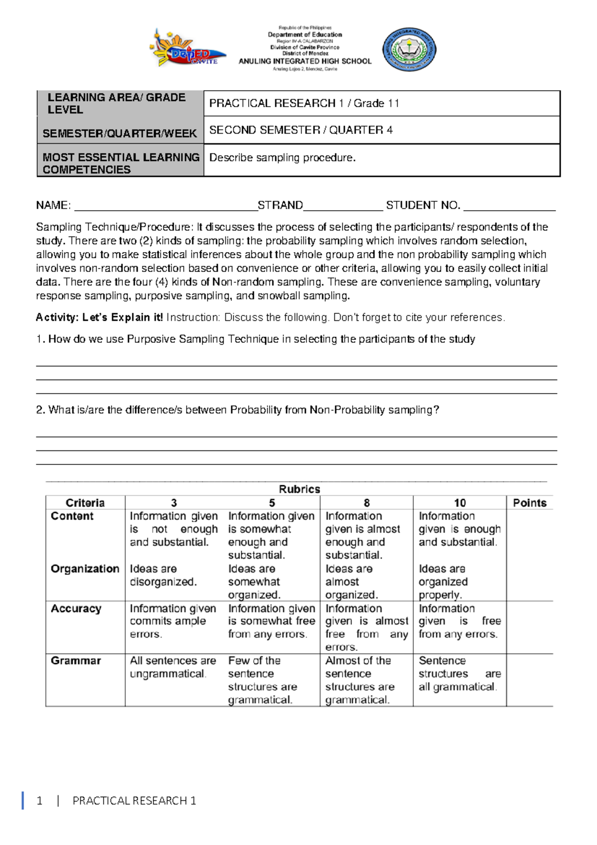 Sampling Procedures in PRACTICAL RESEARCH 1 (Grade 11, 2nd Sem) - Studocu