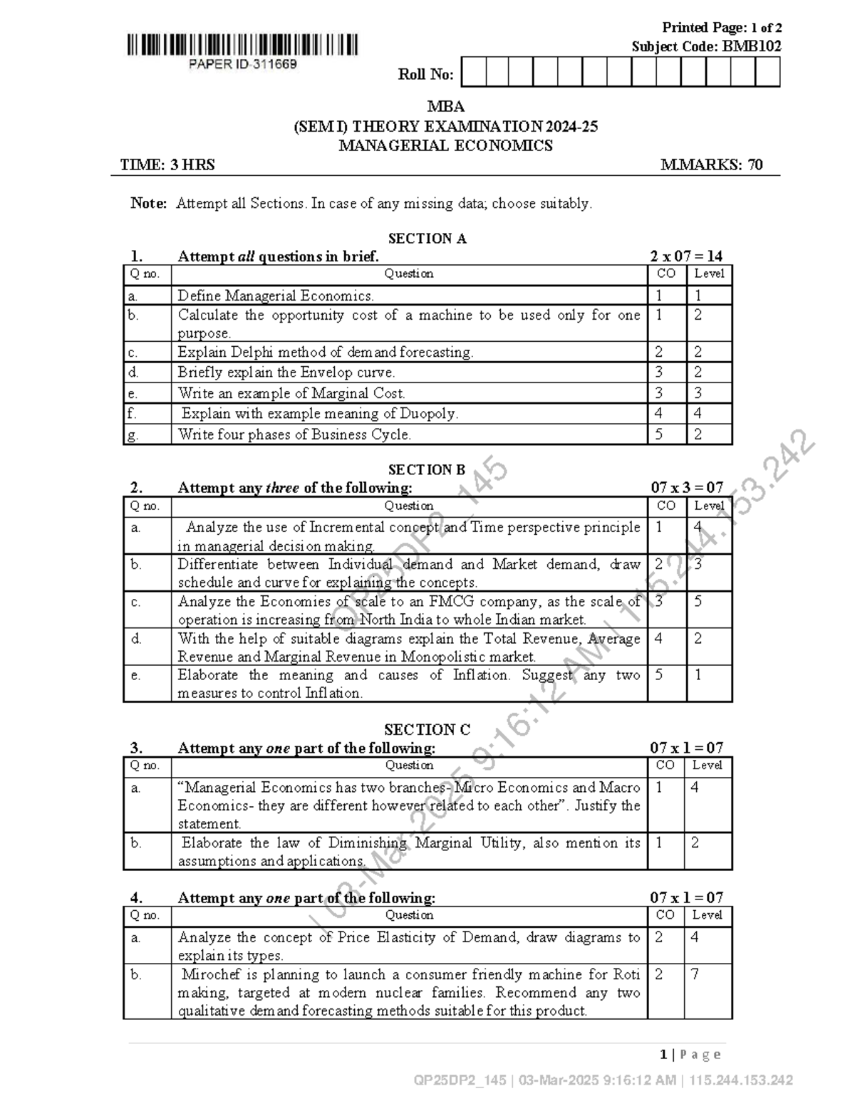 MBA SEM I Managerial Economics BMB102 Exam Notes March 2025 - Studocu