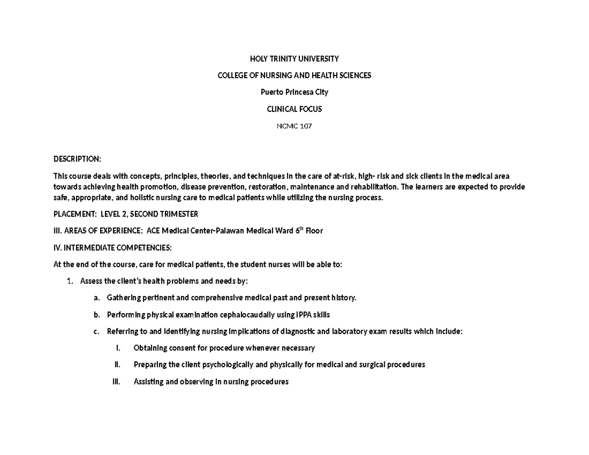 Clinical Focus Overview for NCMC 107: Nursing Care Principles and ...