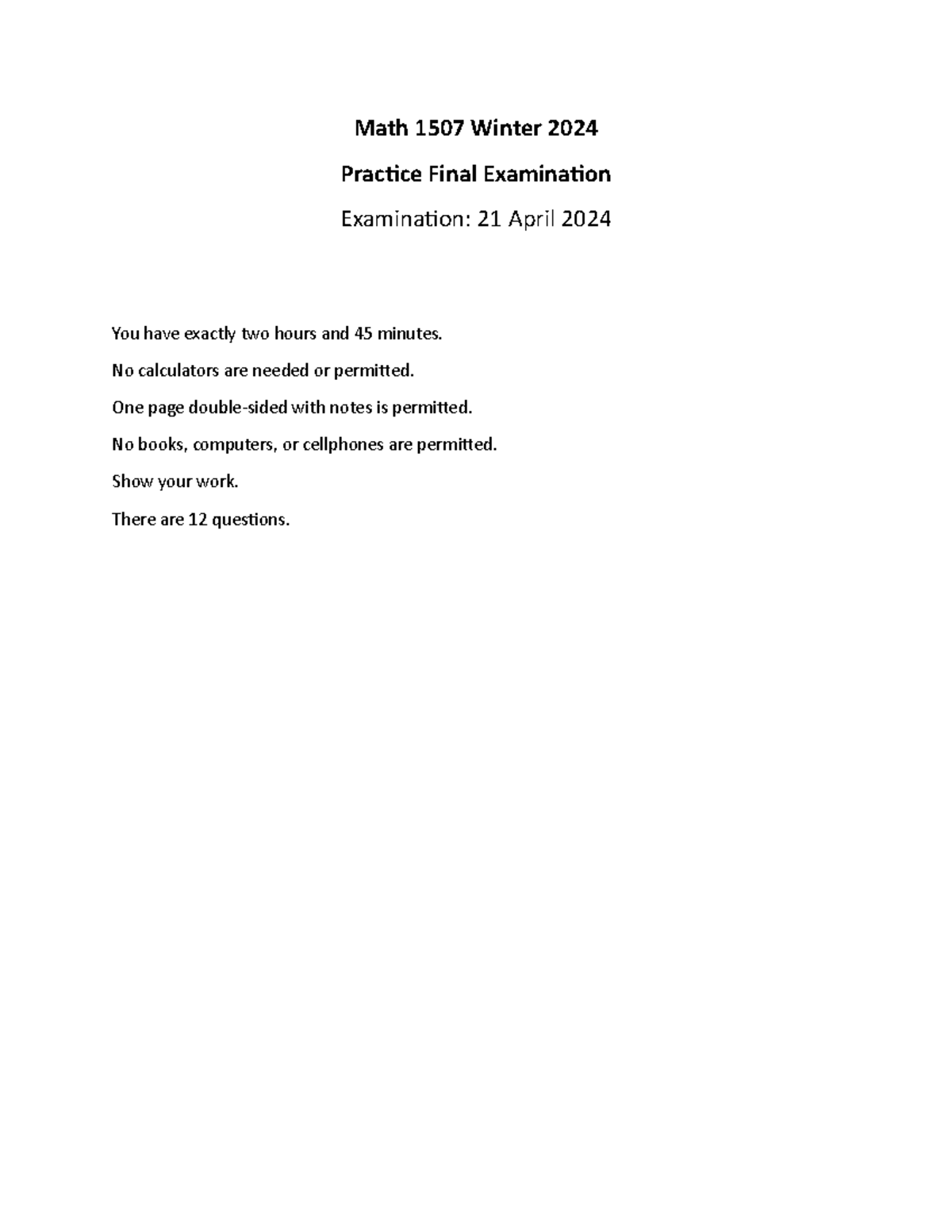 Math 1507 Winter 2024 - Practice Final Exam & Solutions - Studocu