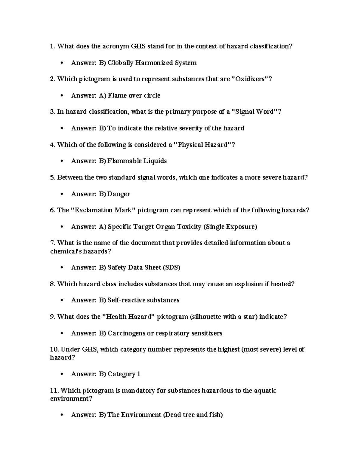 Cuestionario GHS Hazard Classification Quiz - Key Concepts - Studocu