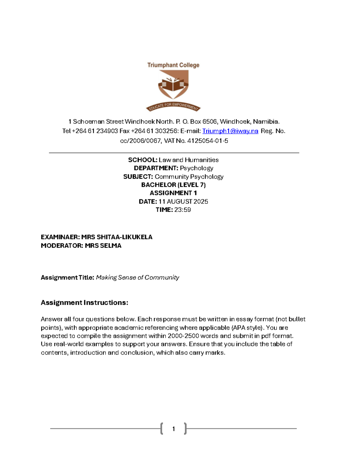Community Psychology Assignment 1 - Bachelor Level 7 - Studocu
