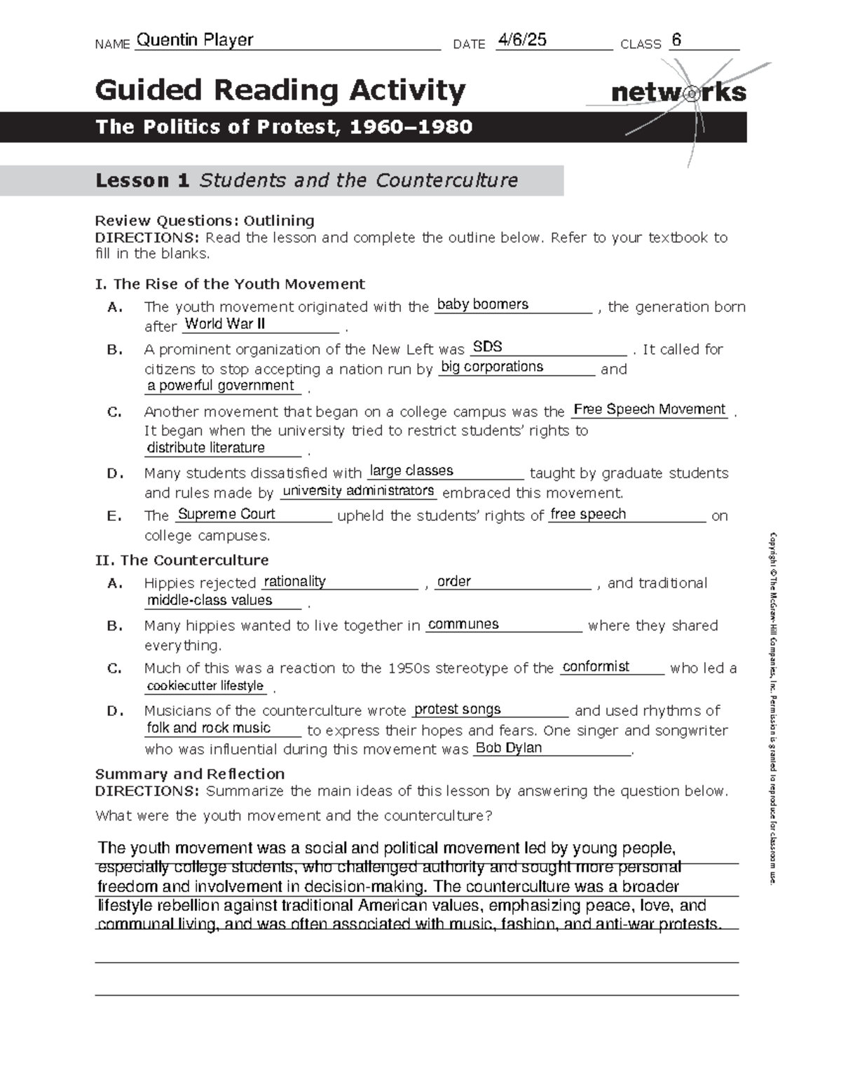 Guided Reading Activity: The Politics of Protest (1960–1980 ...