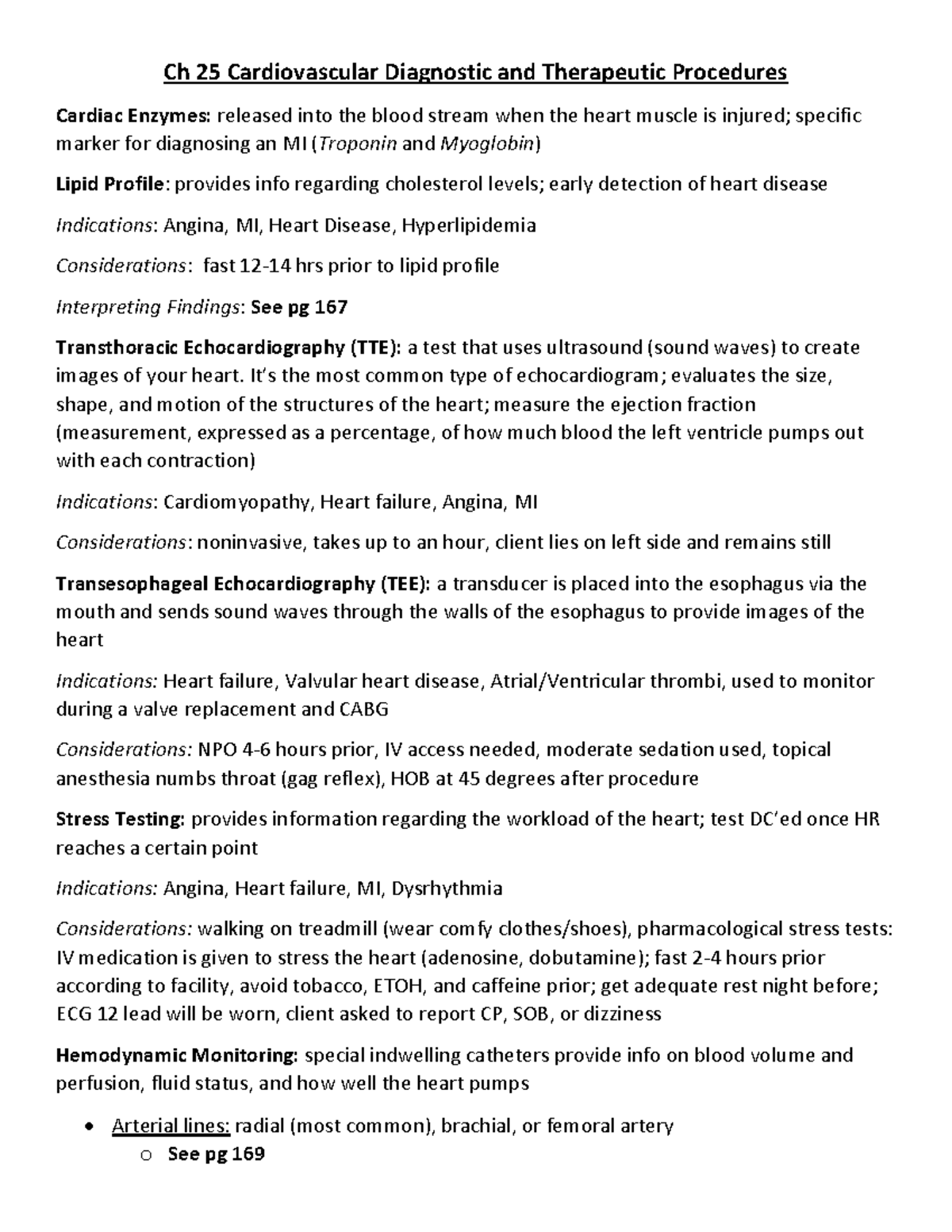Ch 25 & 27 Cardiovascular Diagnostic & Therapeutic Procedures Notes ...