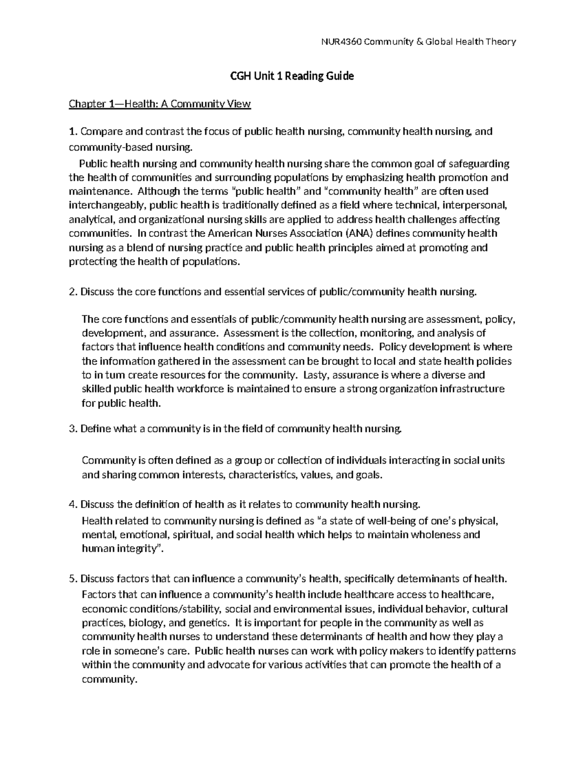 NUR4360 Unit 1 Reading - CGH Unit 1 Reading Guide Chapter 1—Health: A ...