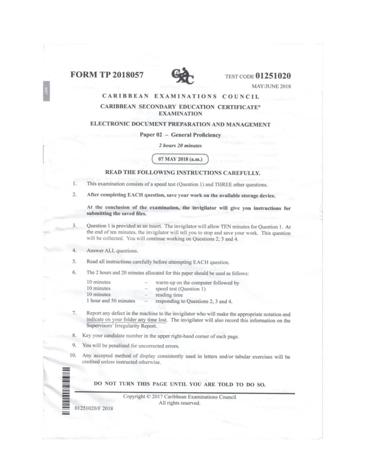 2018 CSEC EDPM P2 Exam Instructions & Document Preparation Guide - Studocu