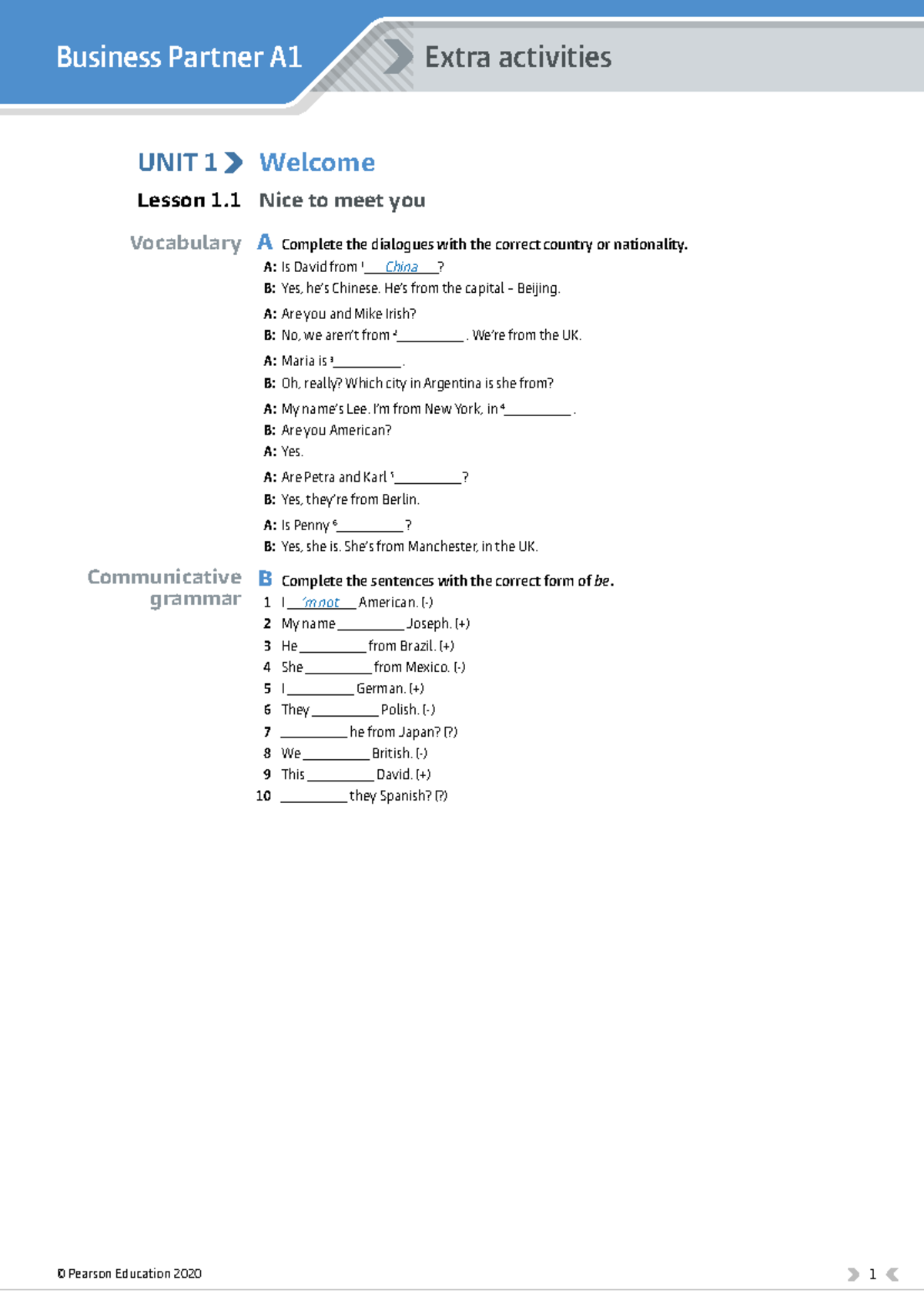 Business Partner A1 Extra Activities Unit 1 - Extra activities Business ...