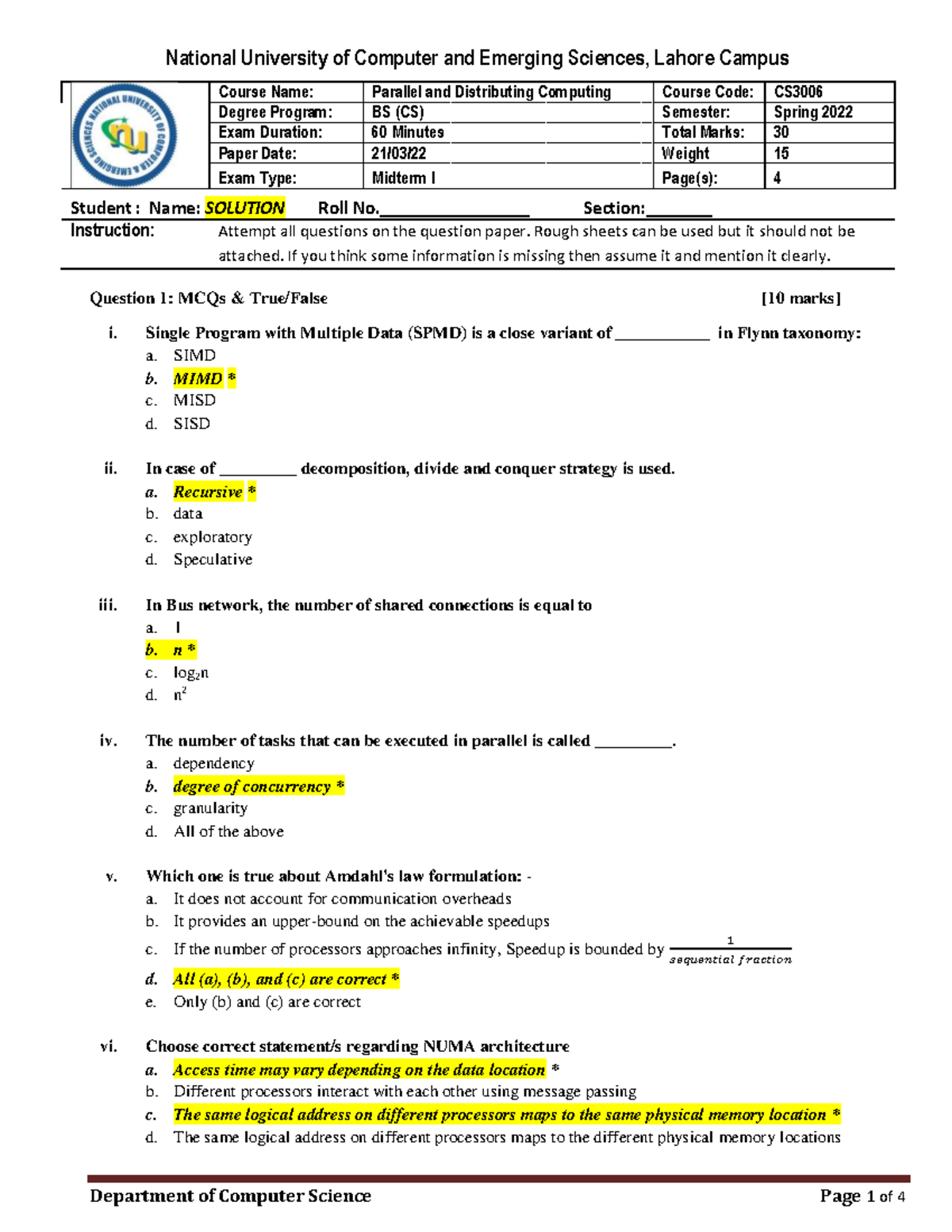 2022 - CS3006 Midterm 1 Solution - Parallel and Distributing Computing ...
