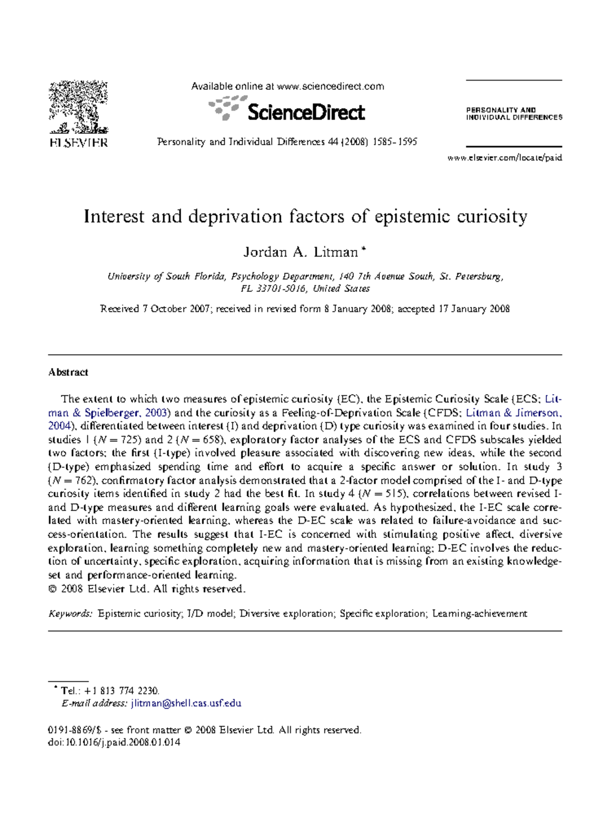 Psychology 44: Exploring Epistemic Curiosity - Interest vs. Deprivation ...