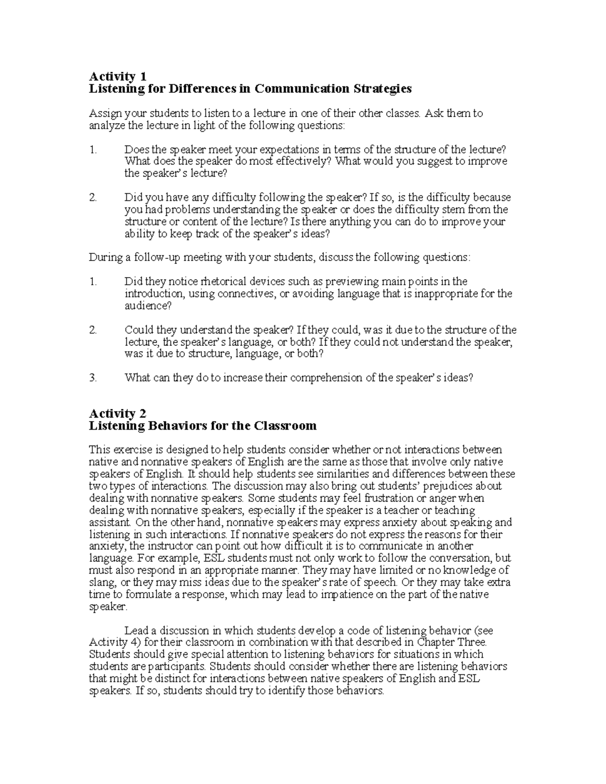 Listening Activities - Basic Communication Strategies & Skills - Studocu
