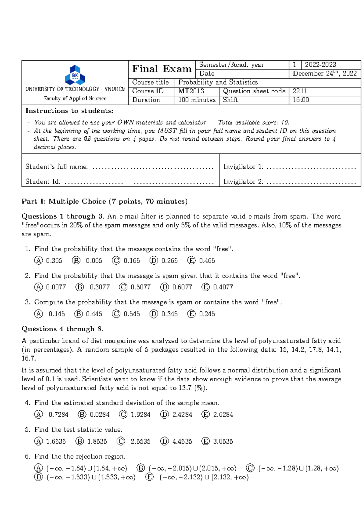 Prob-stat - final - UNIVERSITY OF TECHNOLOGY - VNUHCM Faculty of ...