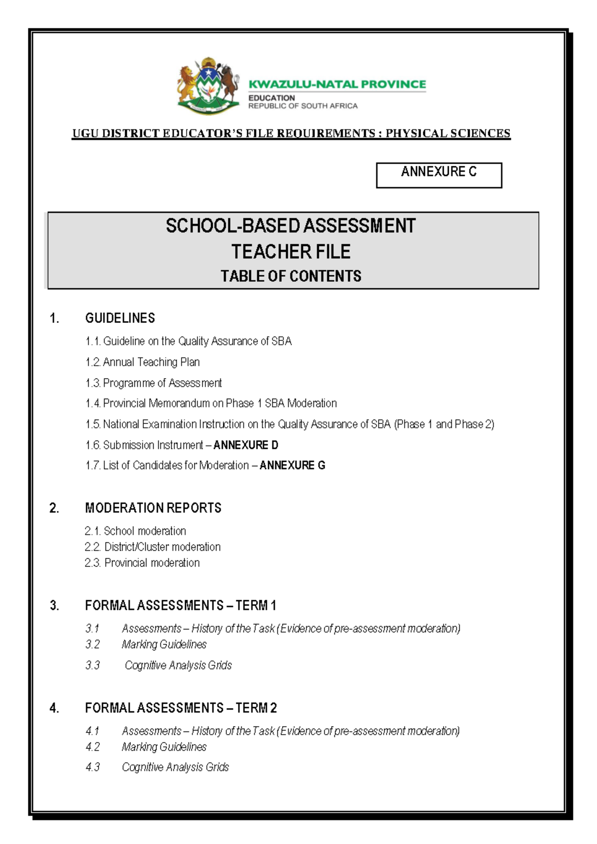 UGU DISTRICT FILE REQUIREMENTS: PHYSICAL SCIENCES ASSESSMENT GUIDELINES ...