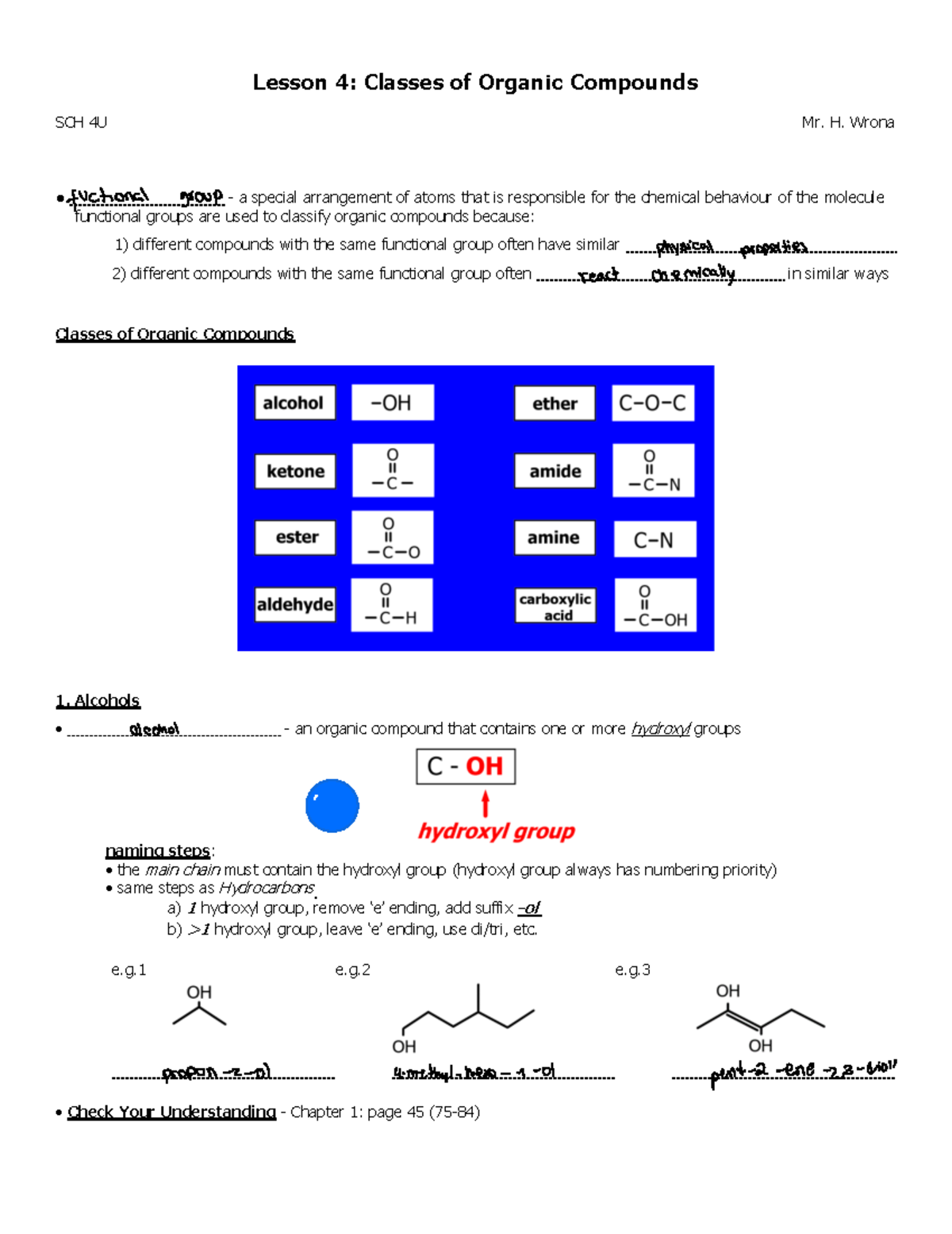 Lesson 4: Classes of Organic Compounds - SCH 4U Handout - Studocu