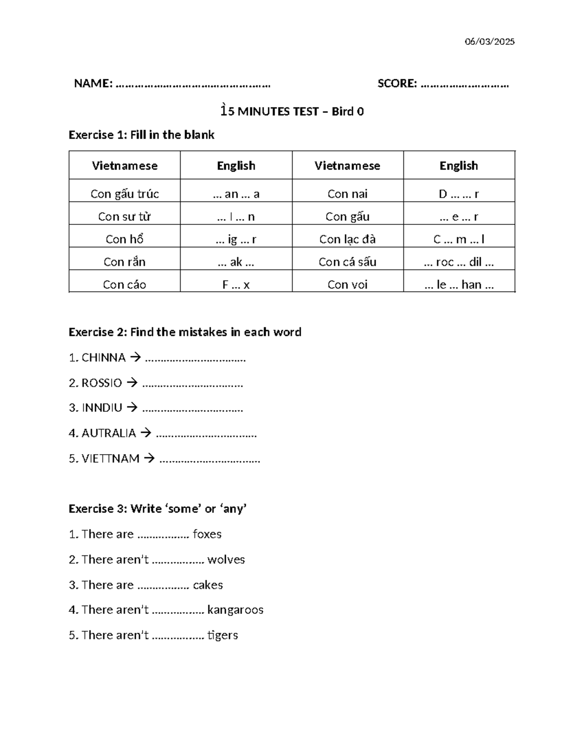 15 Minutes TEST bir0 - Bai kiem tra - 06/03/ NAME