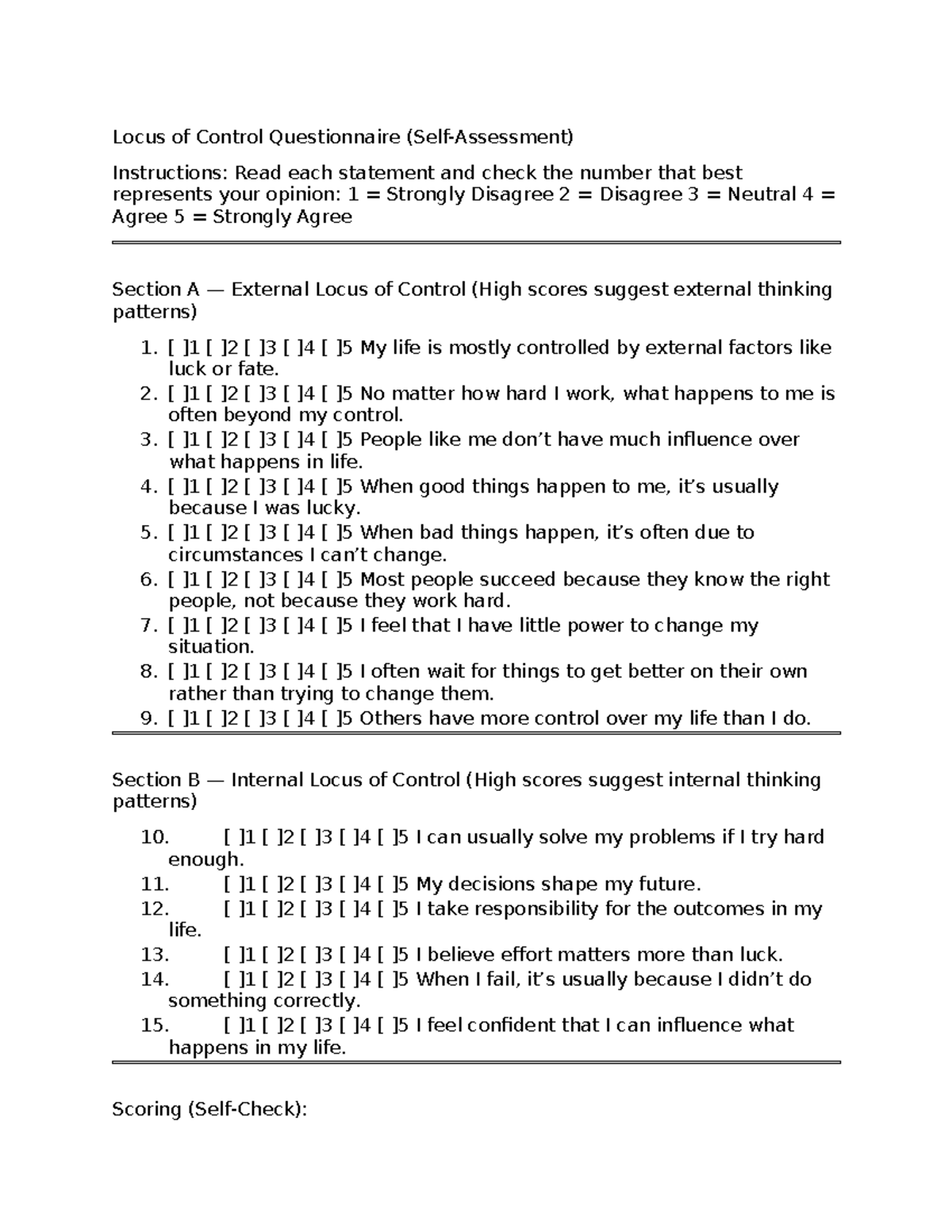Locus of Control Questionnaire Instructions and Scoring Guide - Studocu