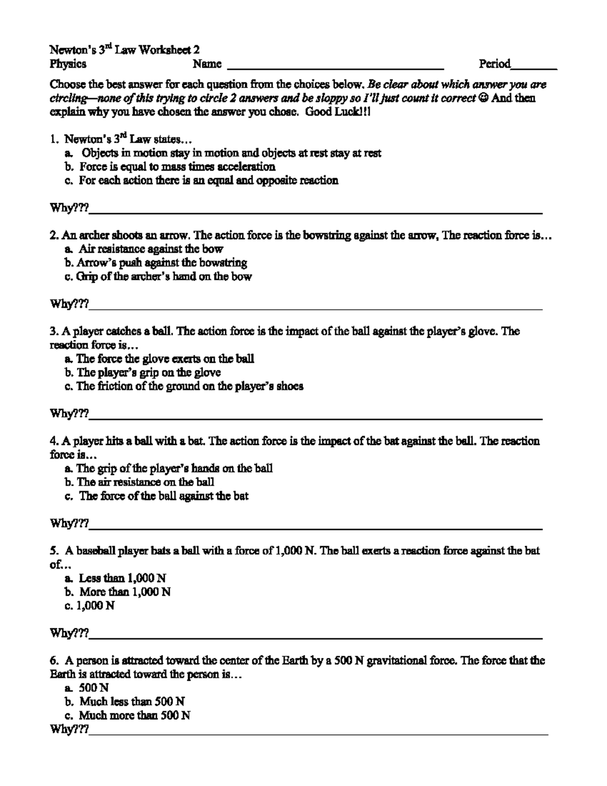 5 - Newton's 3rd Law Worksheet - 3rd Law Worksheet 2 Physics Name ...