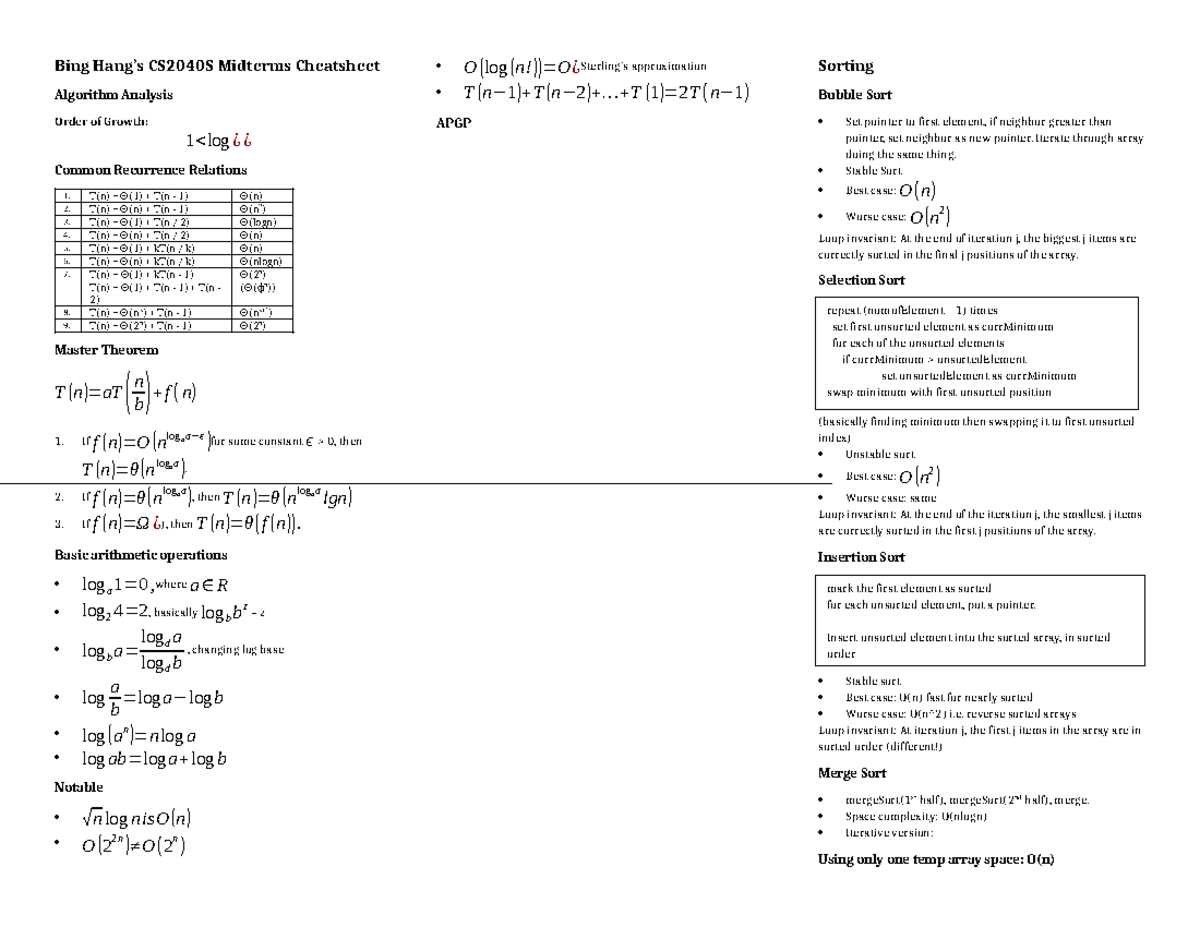 CS2040S Midterm Cheatsheet: Algorithm Analysis & Recurrence Relations ...