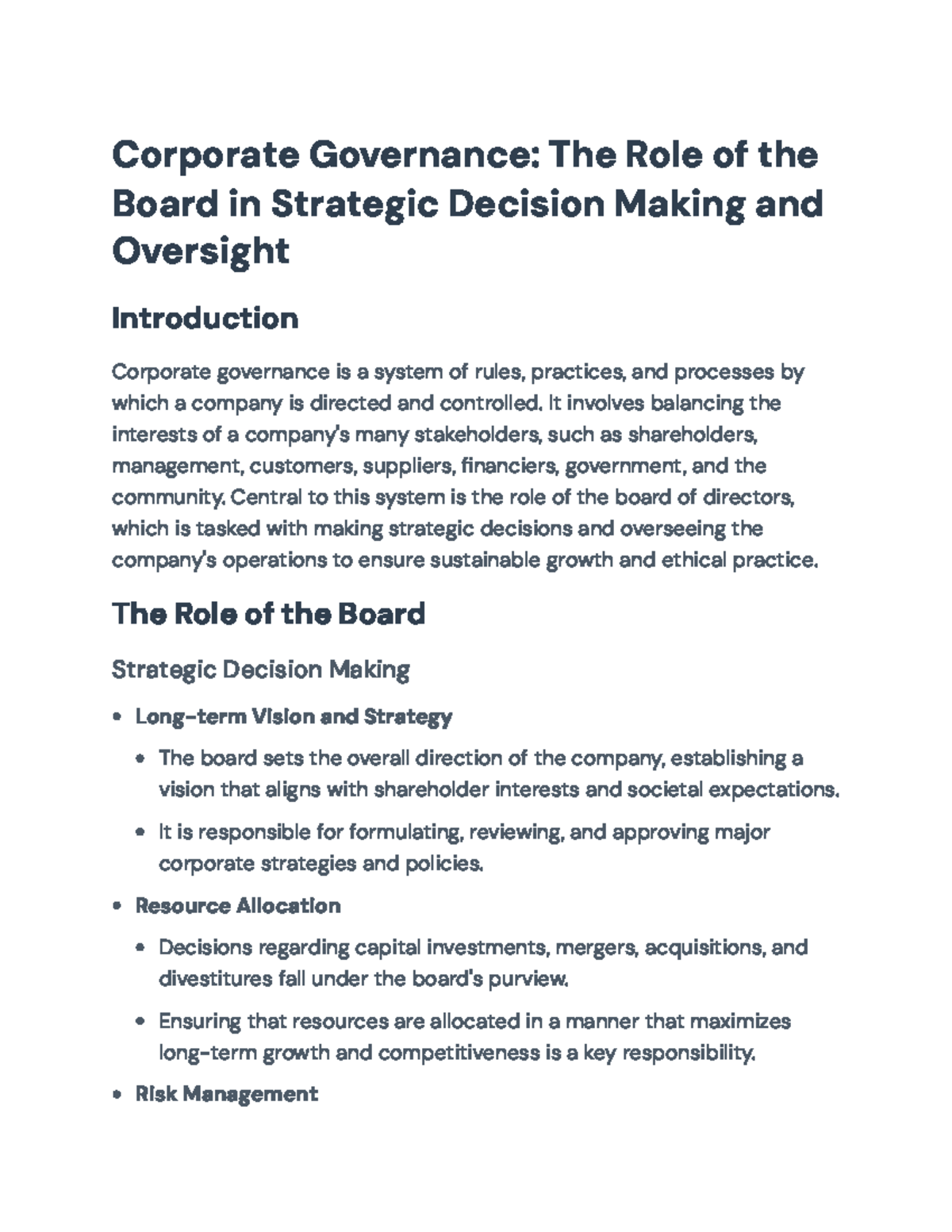 Corporate Governance: Board's Role in Strategy & Oversight - Corporate ...