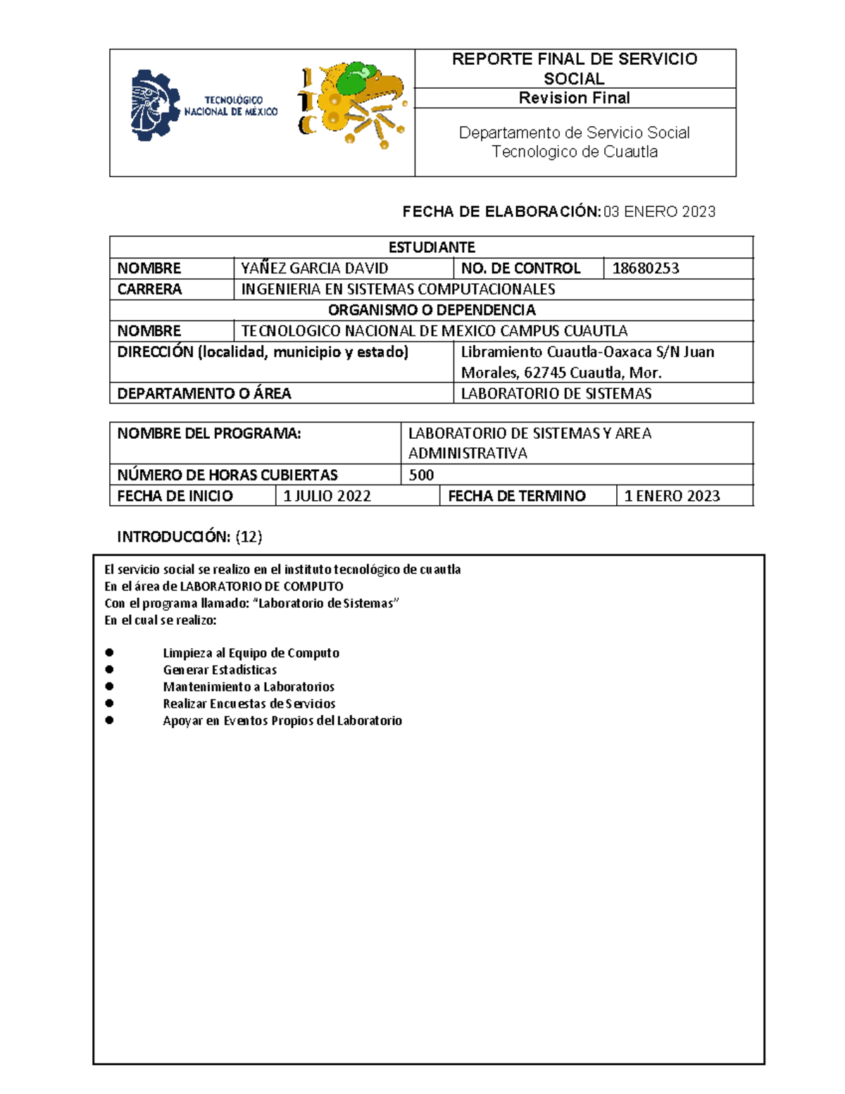 Reporte Final de Servicio Social - Tec. Cuautla - Ing. Sistemas - Studocu