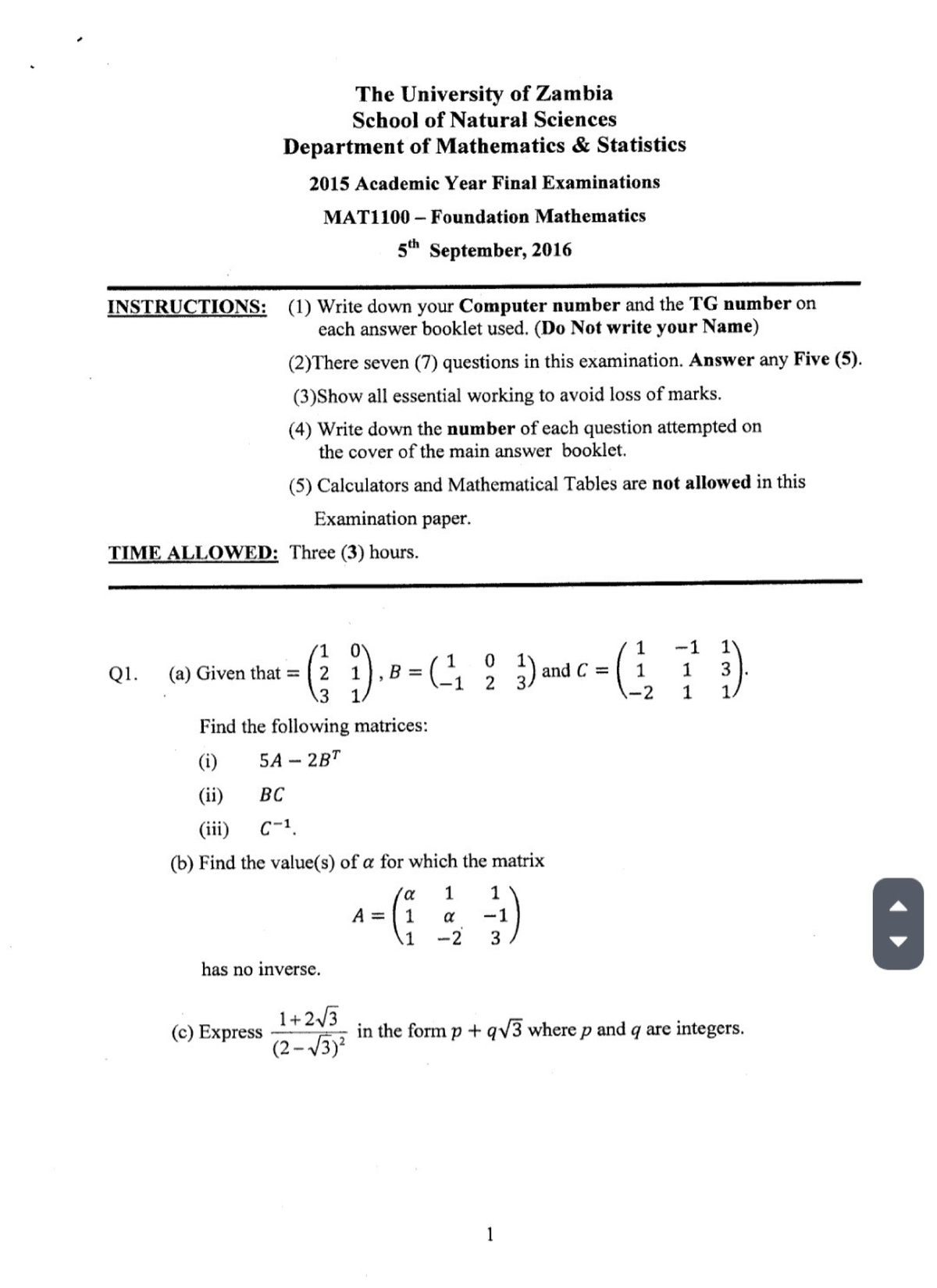 MATH 1100 Final Exam 2016 - Foundation Mathematics Questions - Studocu