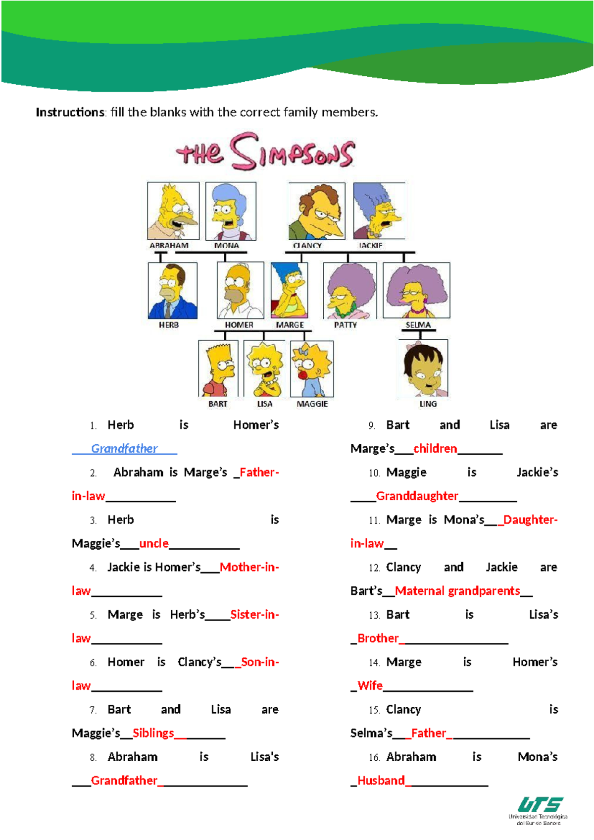 Simpsons family members exercise - Instructions: fill the blanks with ...