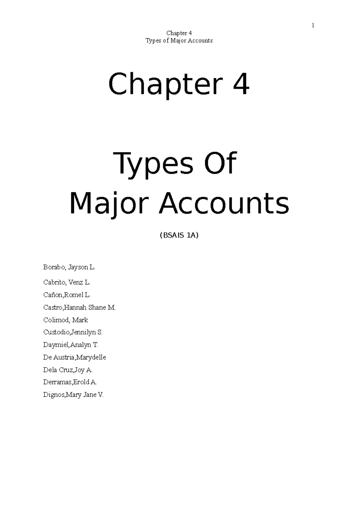 Types of Major Accounts: BSAIS 1A Group 2 Chapter 4 Overview - Studocu