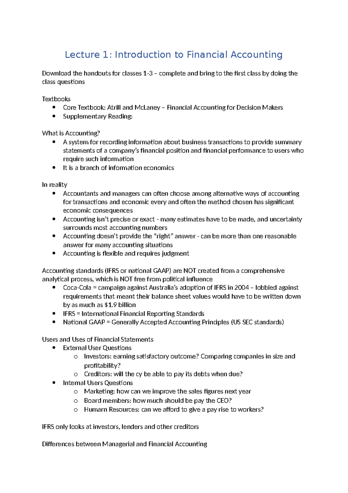 Lecture 1 - Introduction to Finanical Accounting Notes - Lecture 1 ...