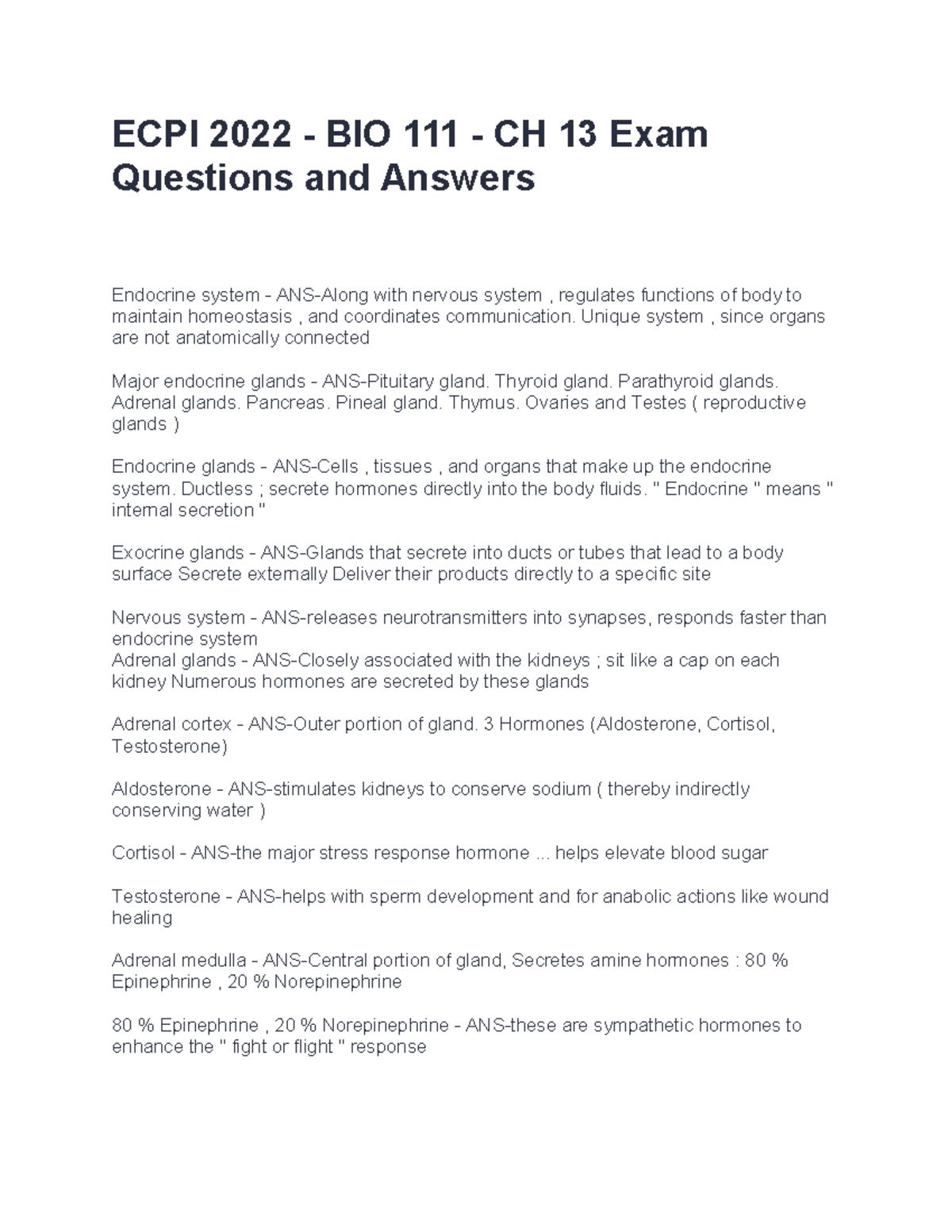 ECPI 2022 BIO 111 CH 13 Exam Q&A: Endocrine & Nervous Systems - Studocu