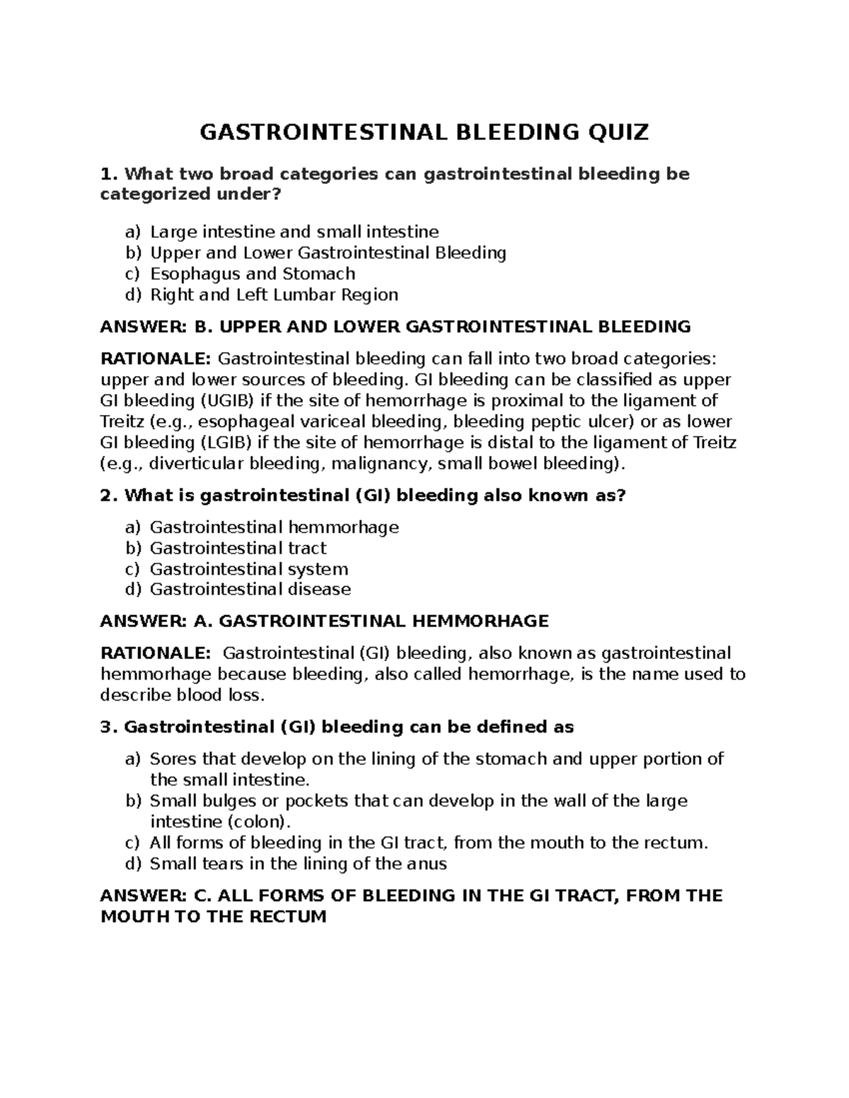 Gastrointestinal Bleeding Quiz (MED-101) - Key Concepts & Questions ...